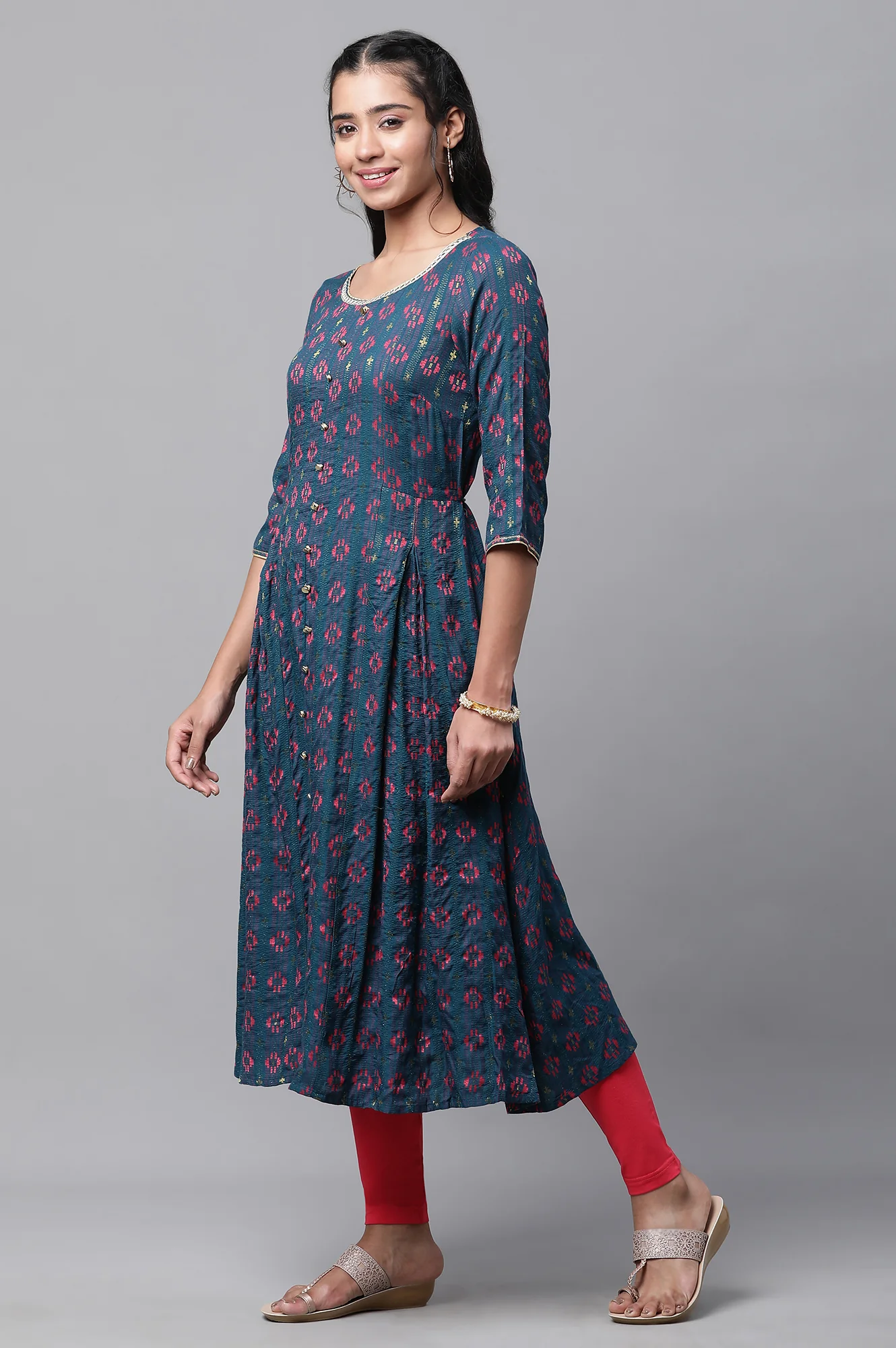 Blue Printed Flared Kurta Tights and Dupatta Set - Image 3