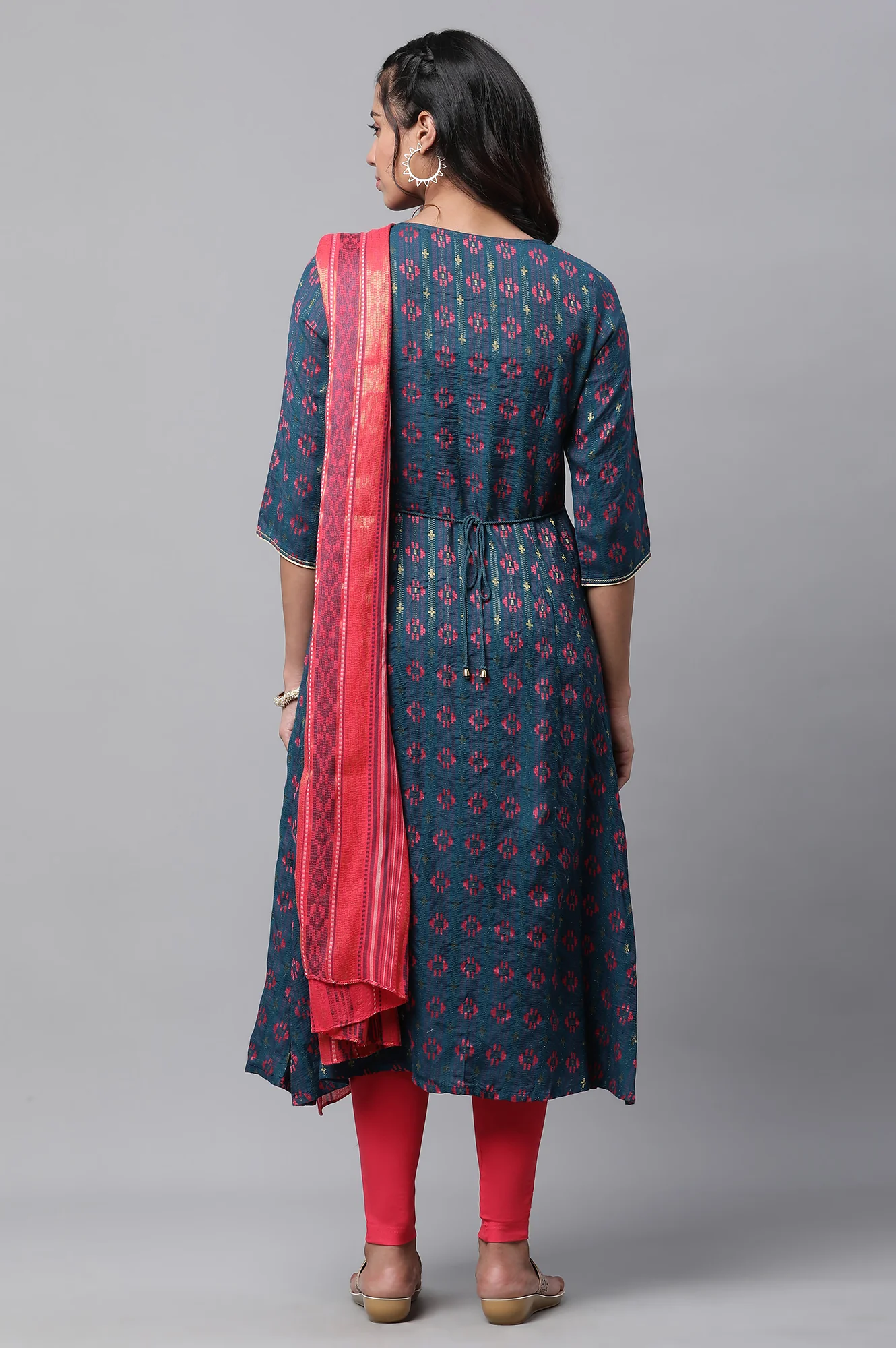 Blue Printed Flared Kurta Tights and Dupatta Set - Image 4