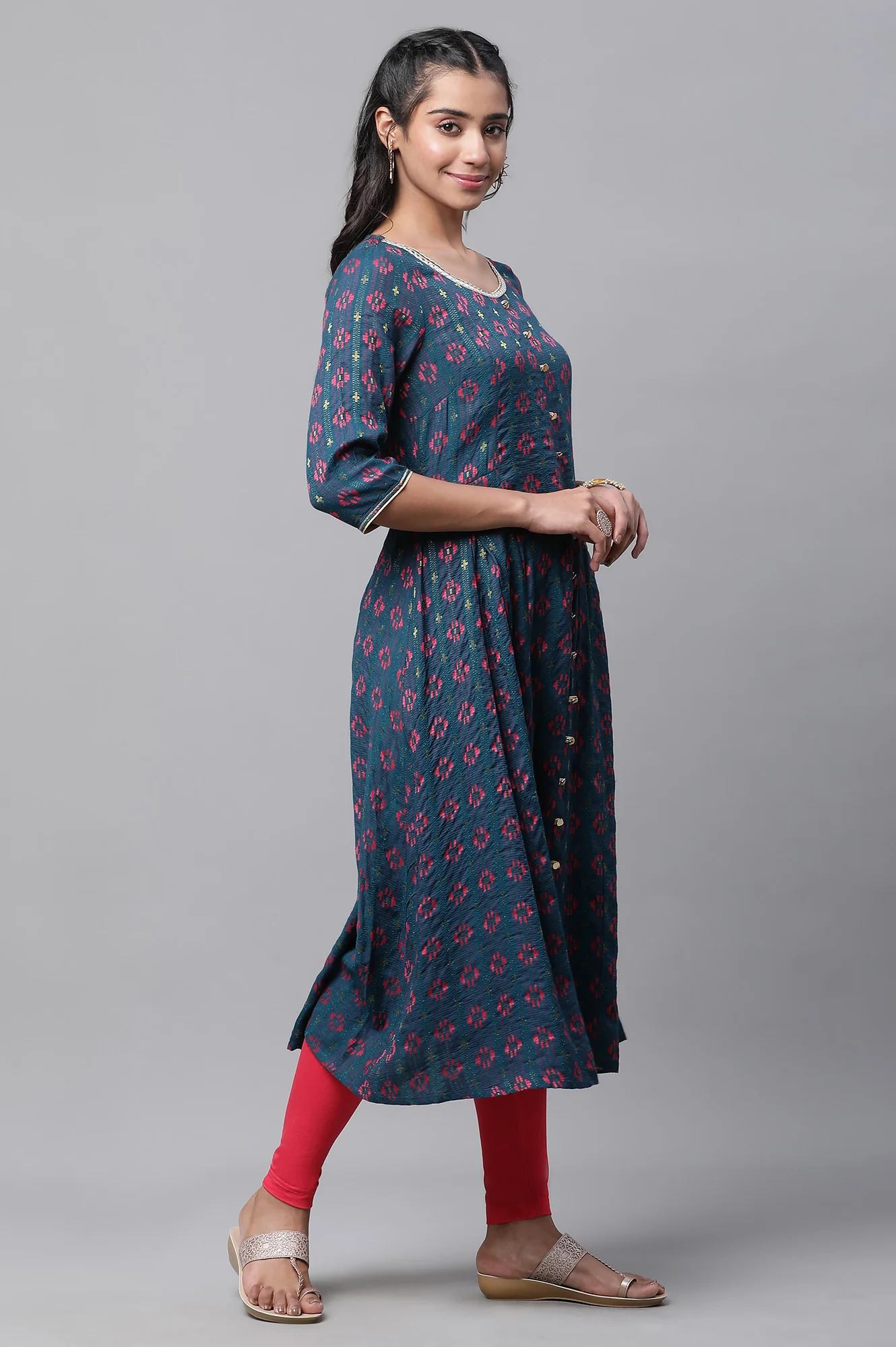 Blue Printed Flared Kurta Tights and Dupatta Set - Image 5