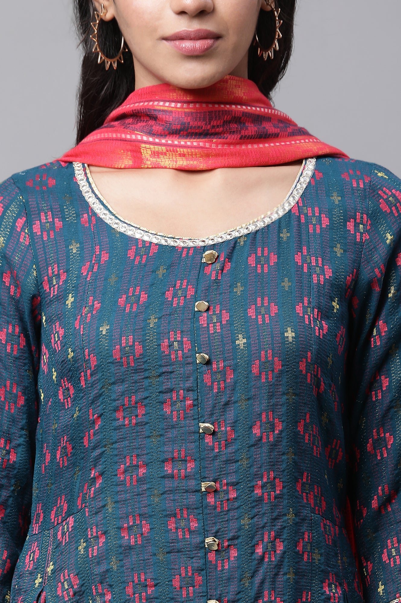 Blue Printed Flared Kurta Tights and Dupatta Set - Image 6