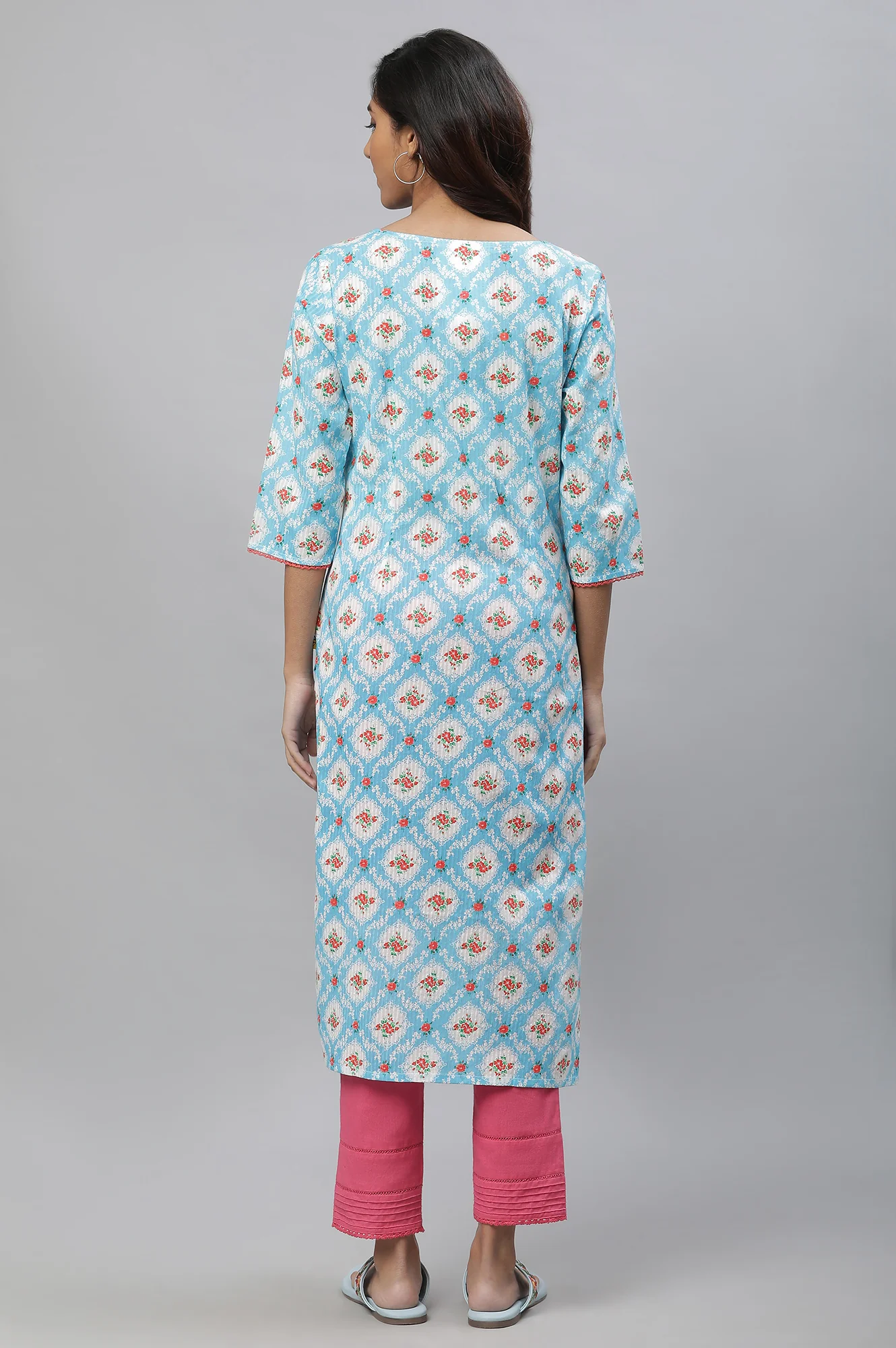 Blue Printed Kurta with Lace - Image 4