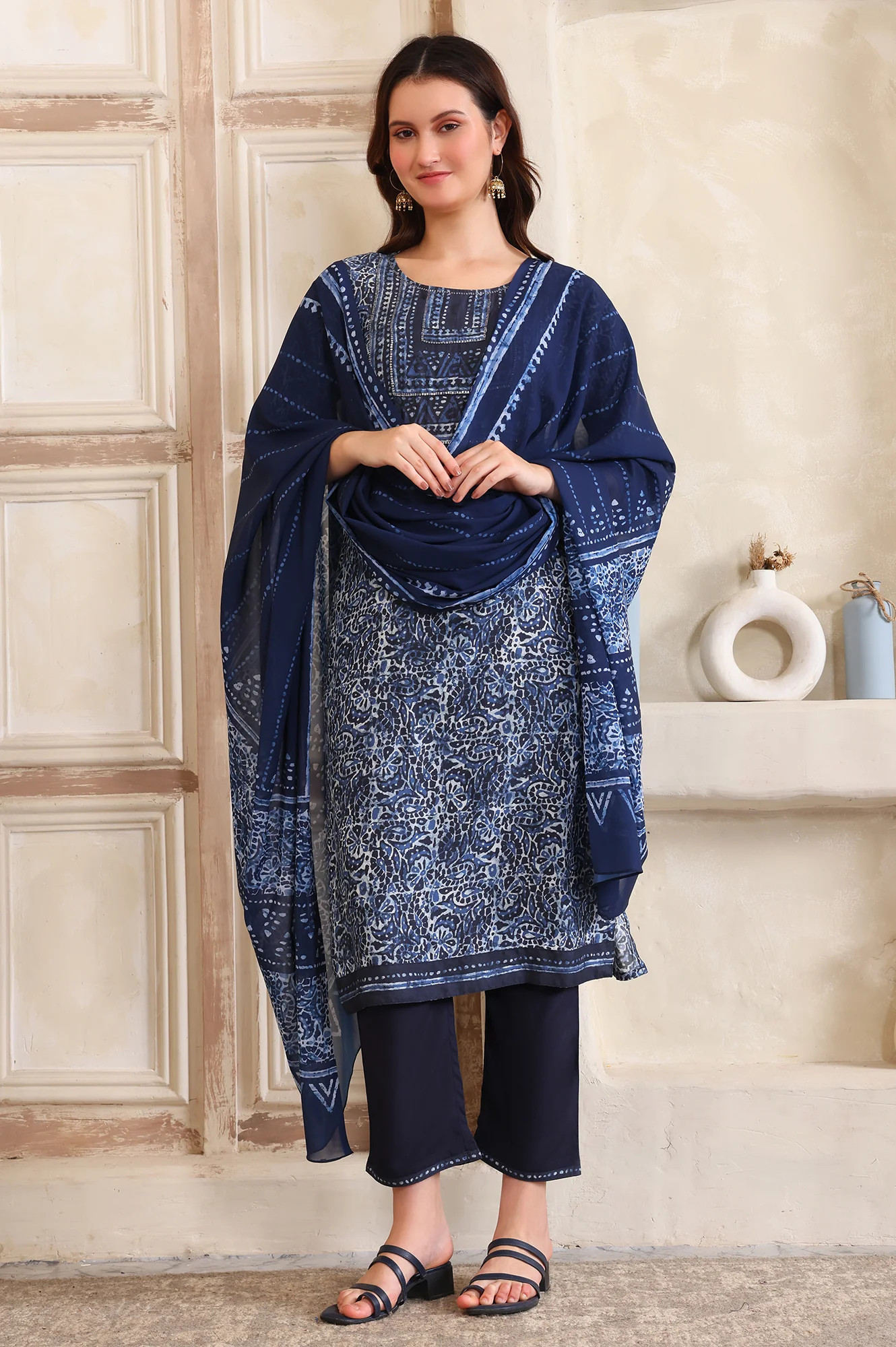 Blue Printed Sequinned Straight Modal Kurta, Trouser and Dupatta Set - Image 2
