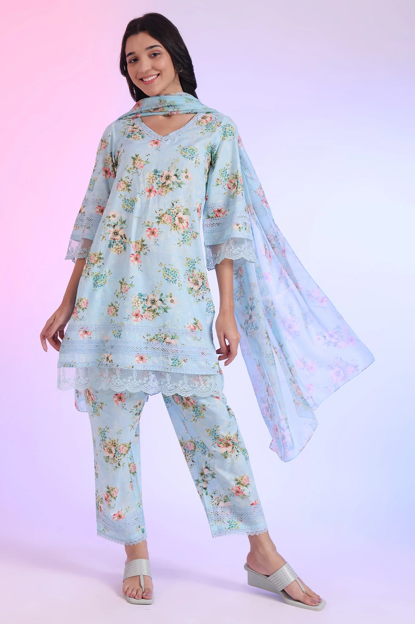 Blue Printed Straight Kurta with Palazzo & Dupatta Set - Image 2