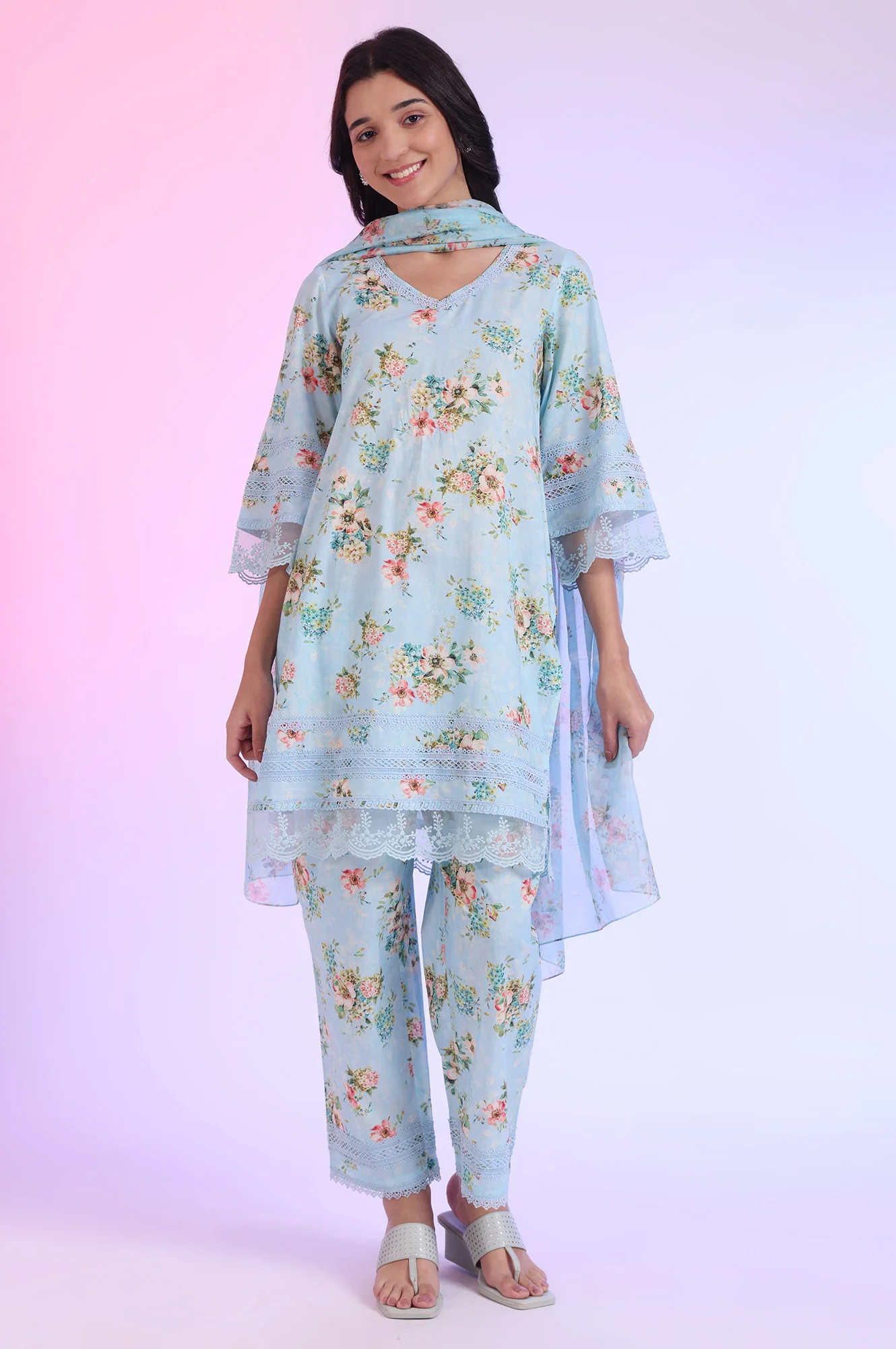Blue Printed Straight Kurta with Palazzo & Dupatta Set - Image 3