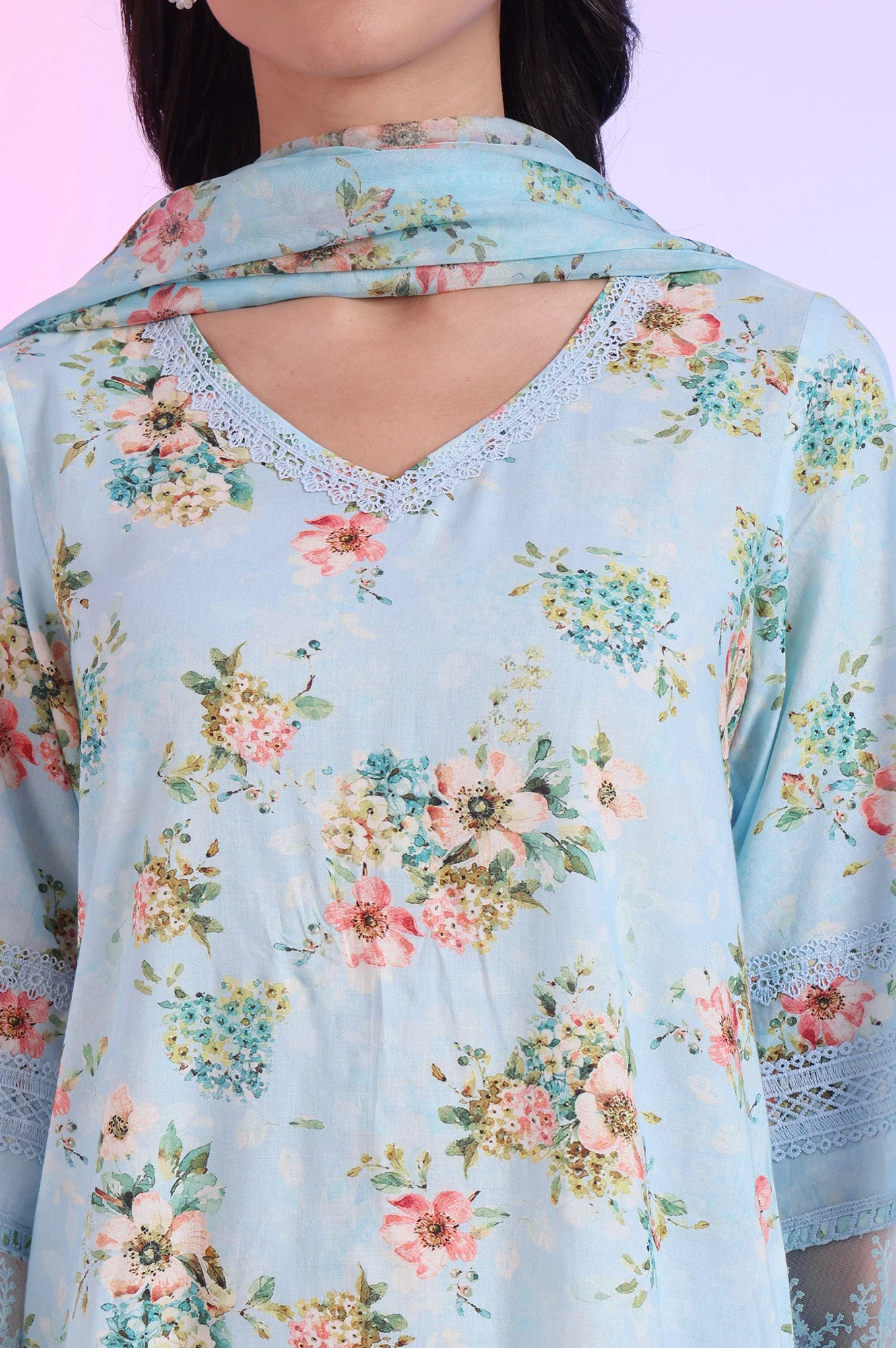 Blue Printed Straight Kurta with Palazzo & Dupatta Set - Image 4