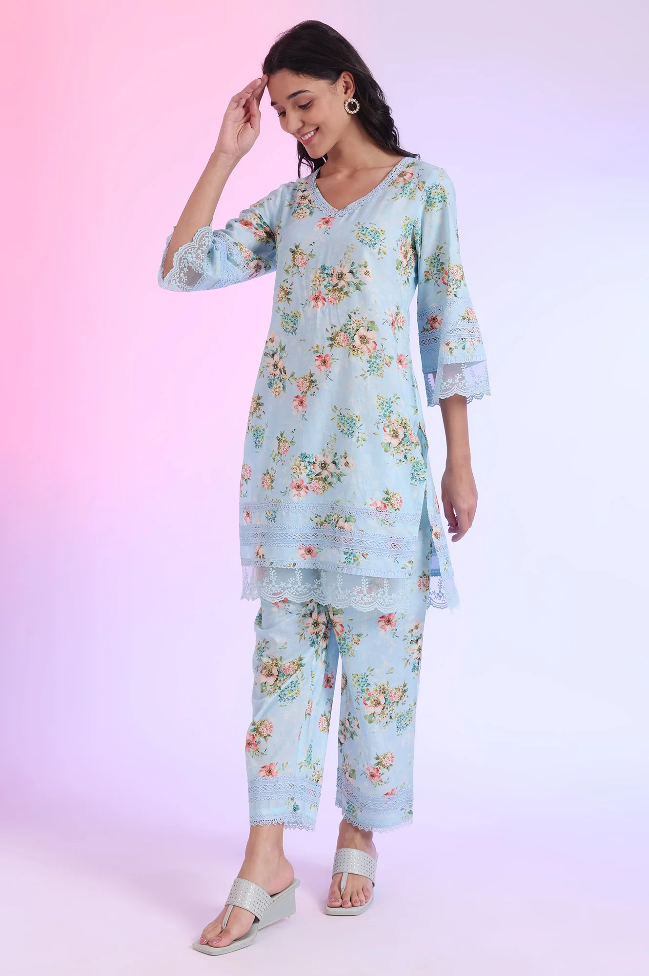 Blue Printed Straight Kurta with Palazzo & Dupatta Set - Image 5