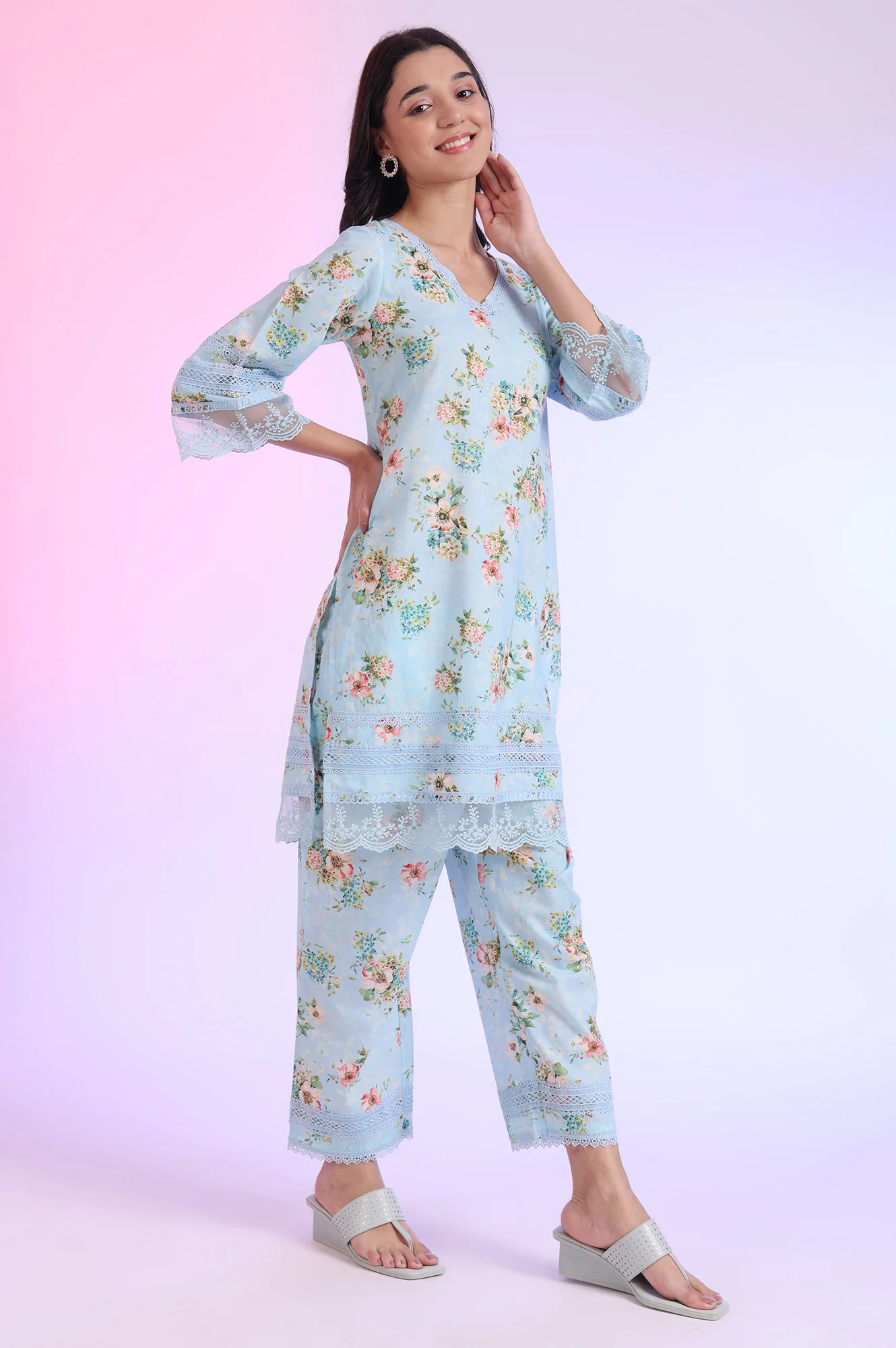 Blue Printed Straight Kurta with Palazzo & Dupatta Set - Image 7