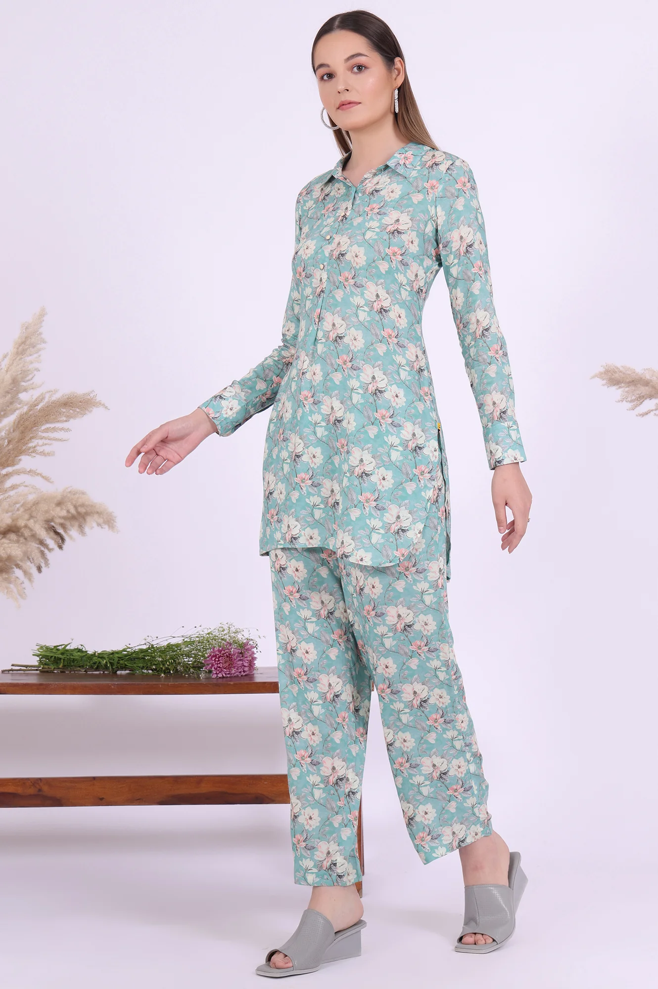 Blue Printed Straight Kurta with Palazzo & Dupatta Set - Image 5