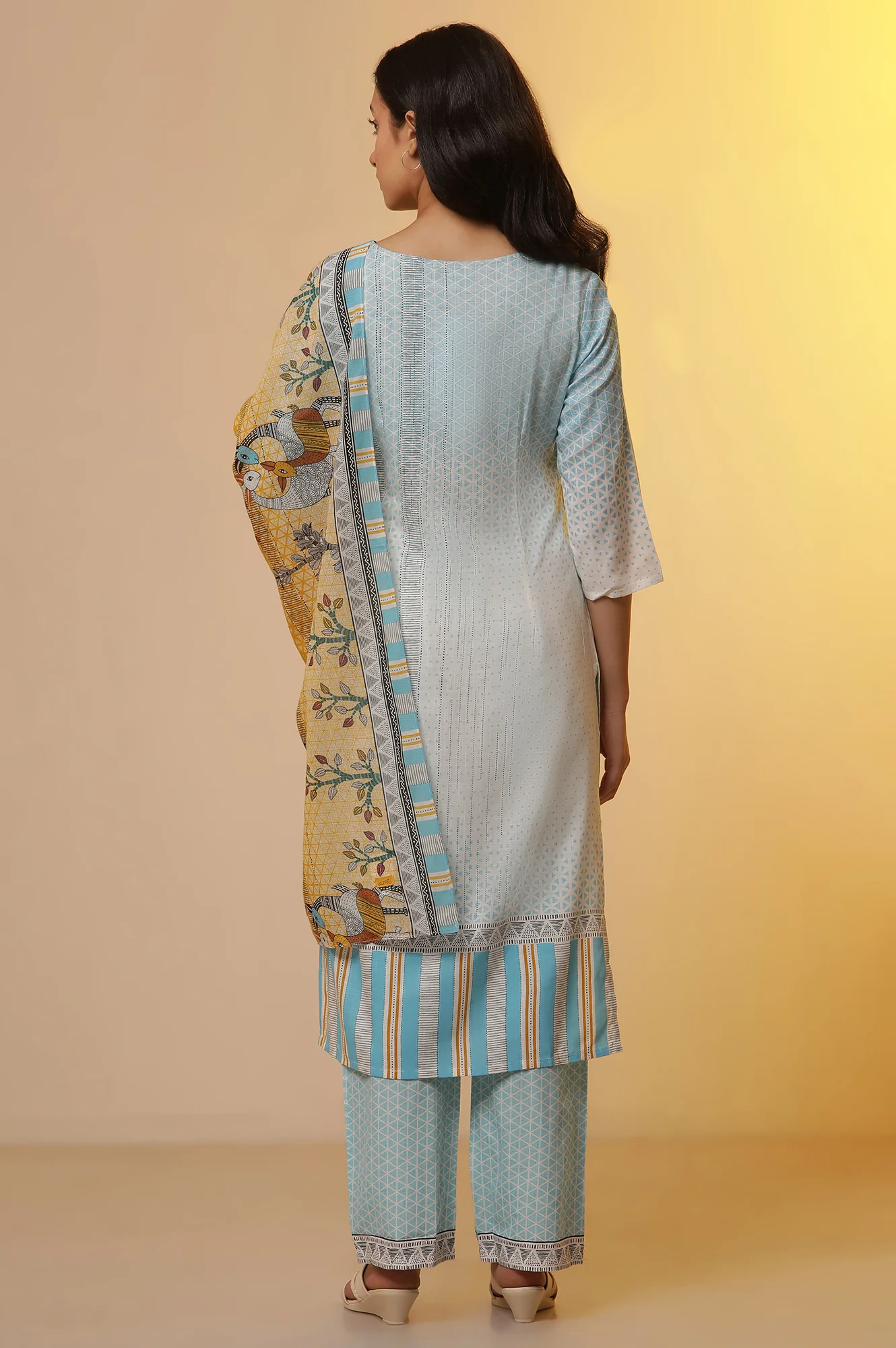 Blue Printed Straight Kurta, Pants and Dupatta Set - Image 4