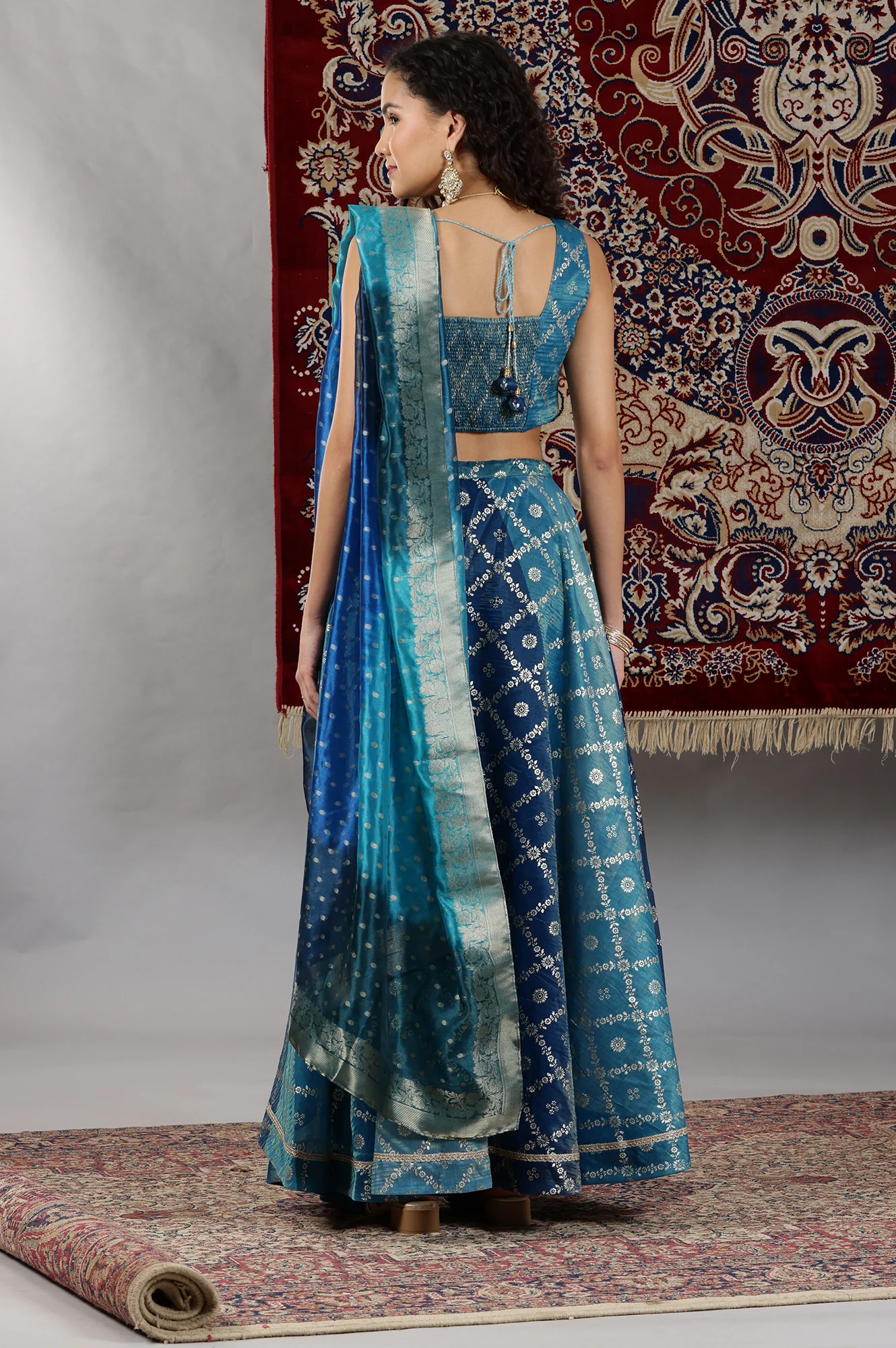 Blue Printed Zari Embroidered Crop Top, Brocade Flared Skirt and Dupatta Set - Image 6
