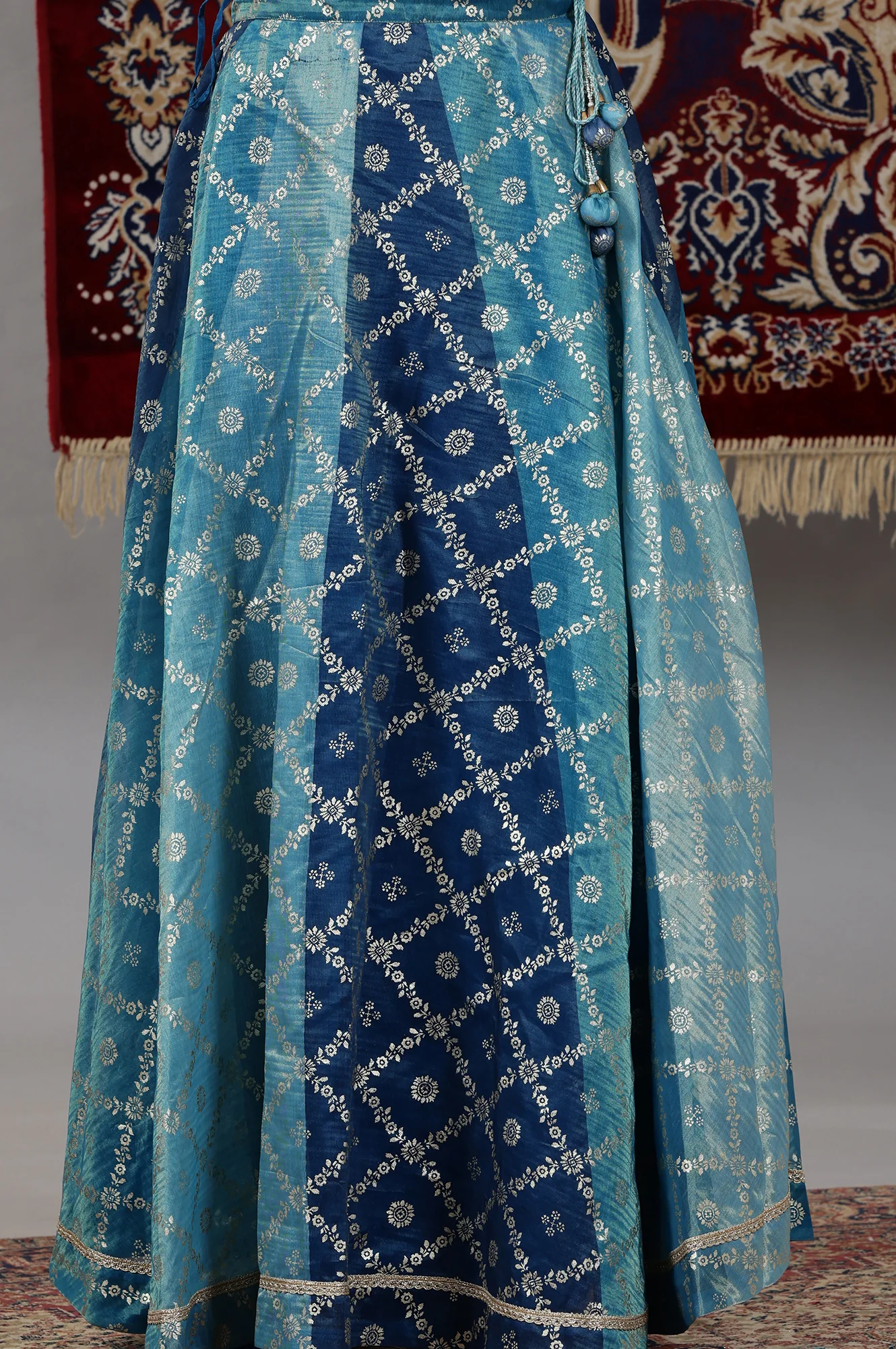 Blue Printed Zari Embroidered Crop Top, Brocade Flared Skirt and Dupatta Set - Image 8