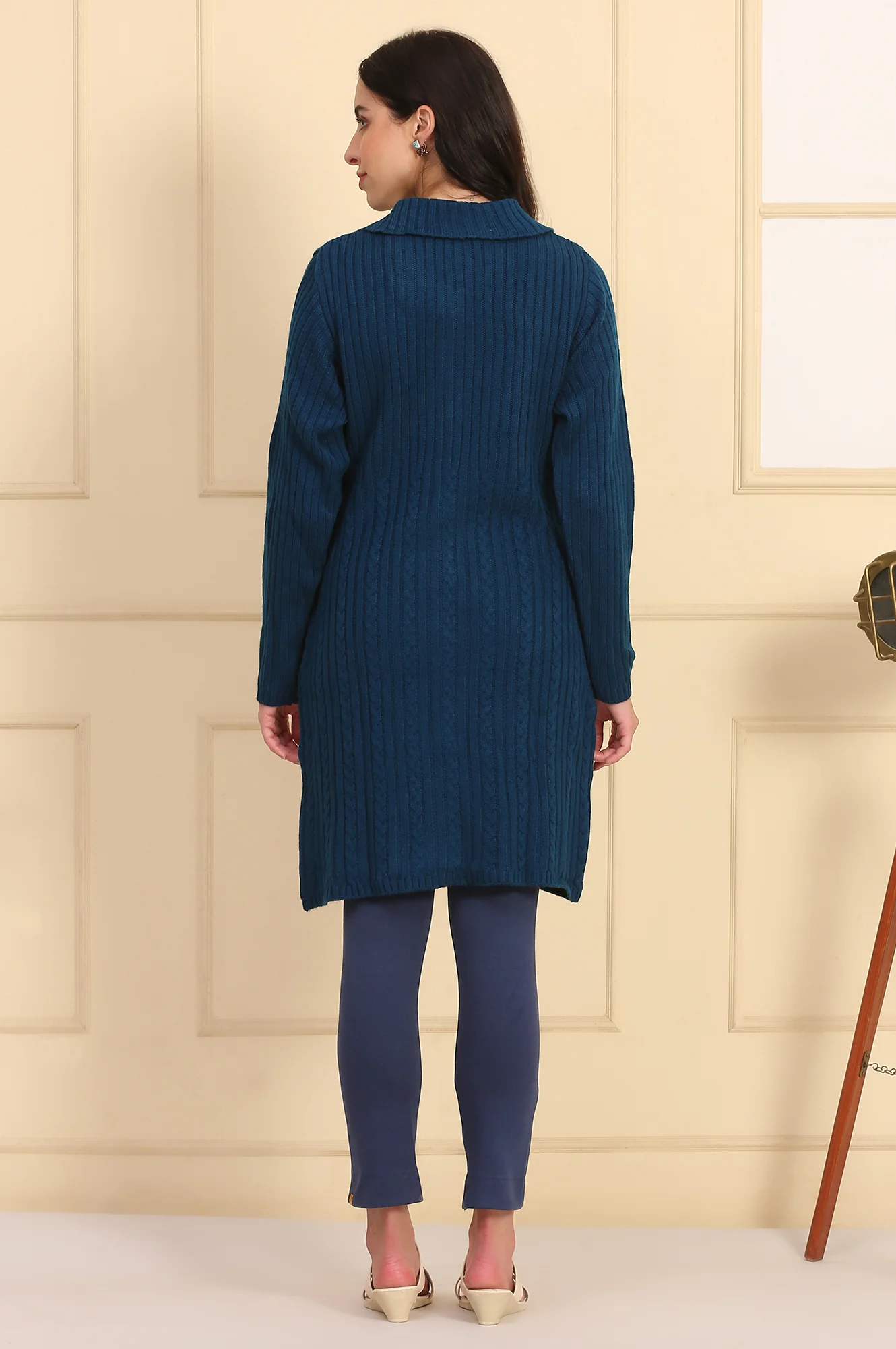 Blue Self Design Straight Winter Long Sweater - Image 5
