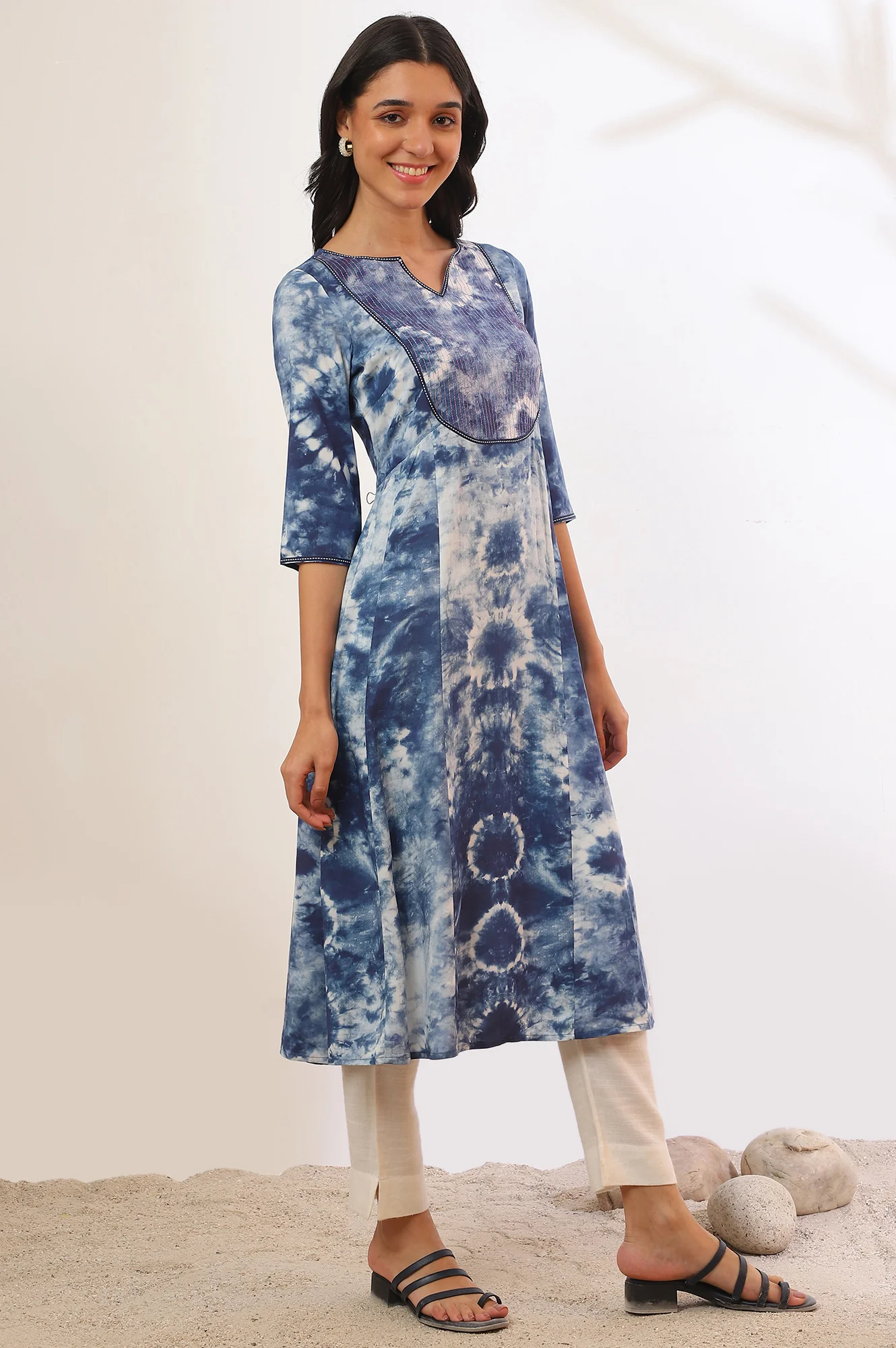 Blue Shibori Printed A-Line Kurta with Lace Detail - Image 7