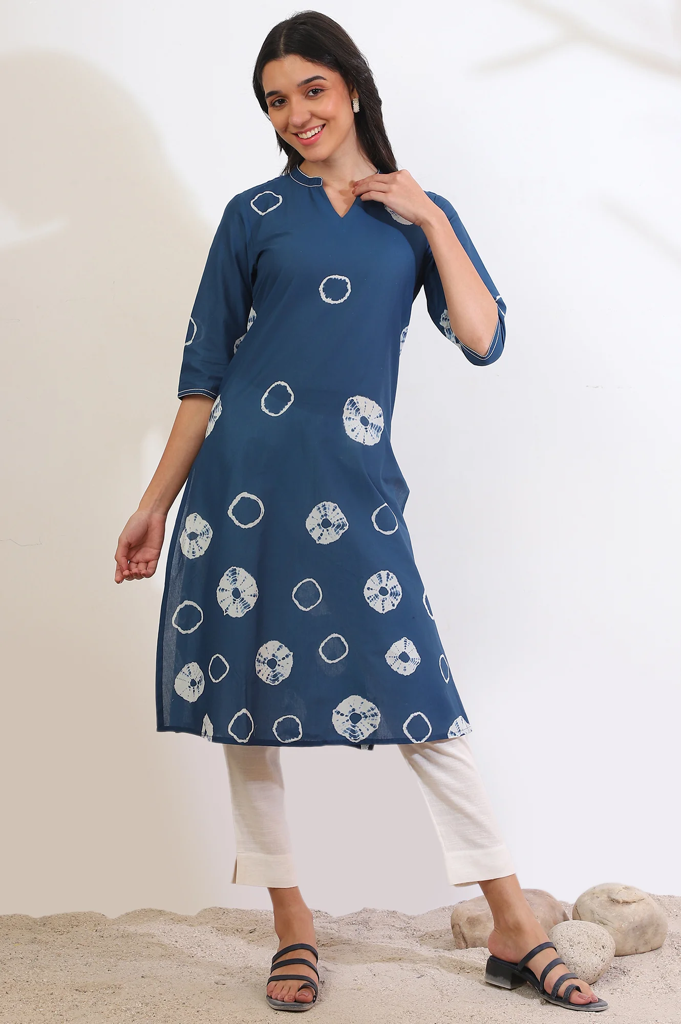 Blue Shibori Printed A-Line Pure Cotton Kurta - Image 2