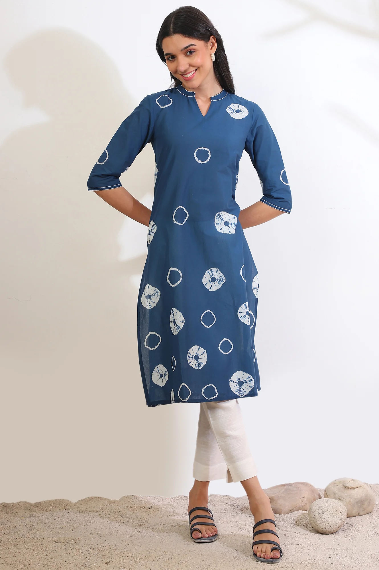 Blue Shibori Printed A-Line Pure Cotton Kurta - Image 3