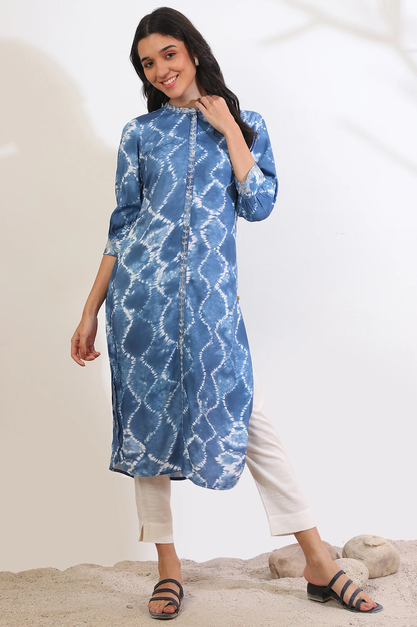 Blue Shibori Printed Dori Embroidered Rayon Twill Straight Kurta - Image 2
