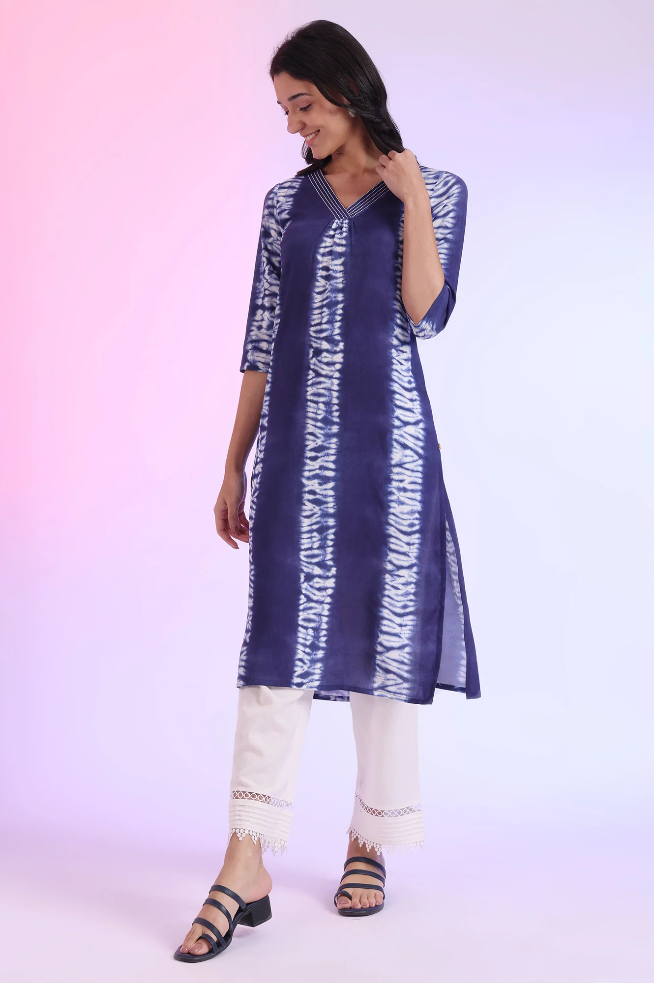 Blue Shibori Printed Thread Embroidered Straight Kurta - Image 3