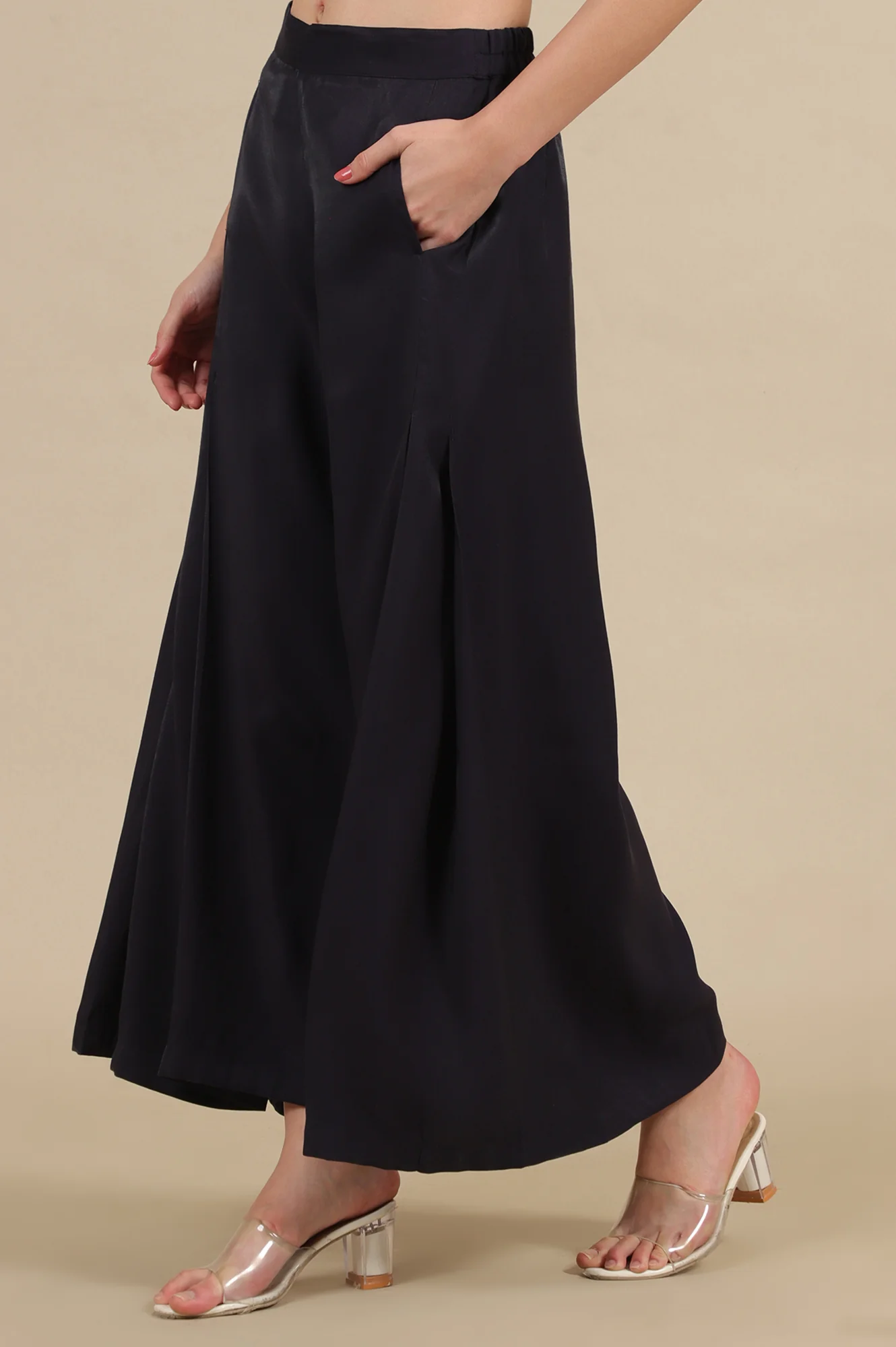 Blue Solid Flared Rayon Palazzo With Pleats - Image 2