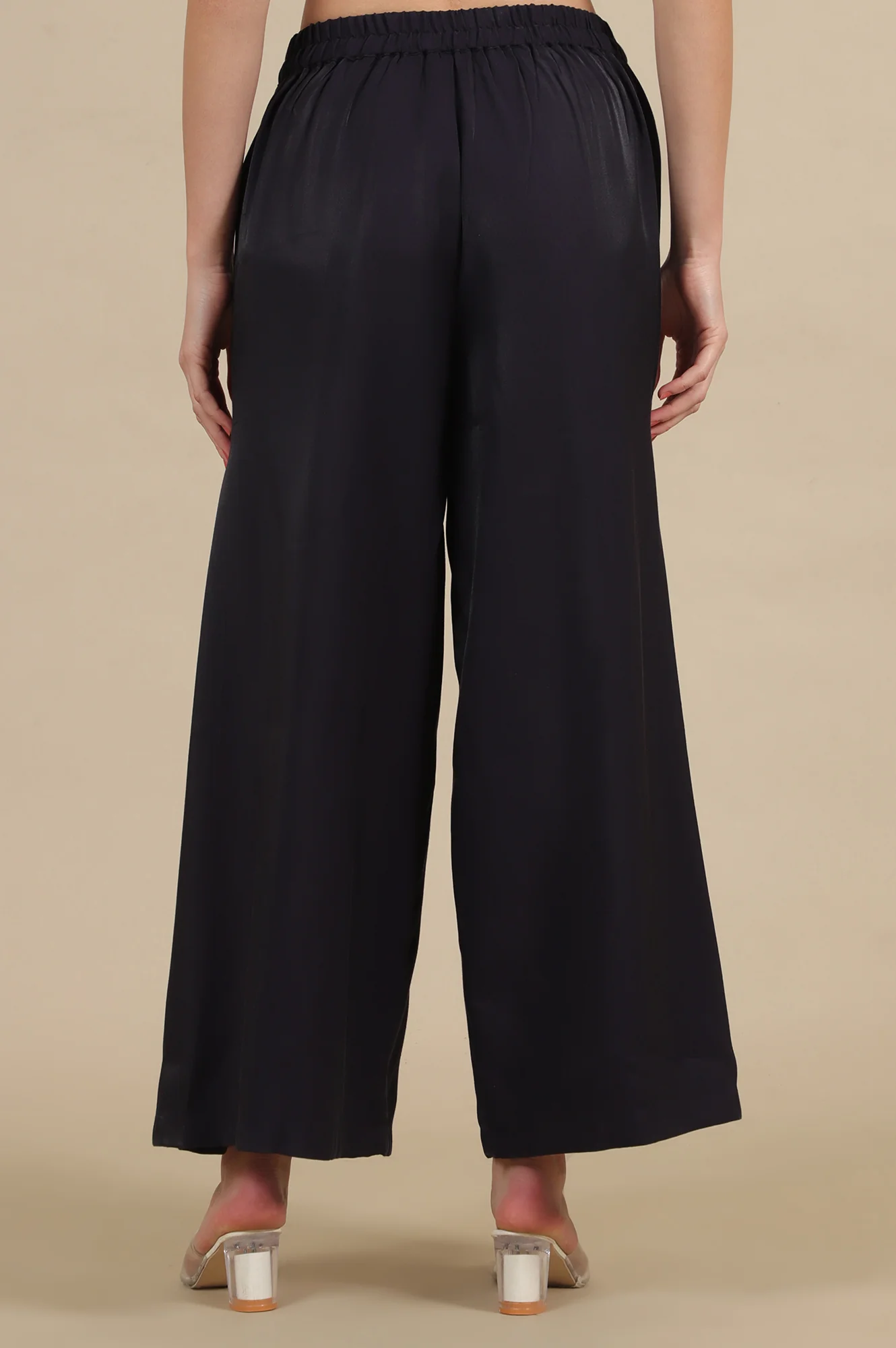 Blue Solid Flared Rayon Palazzo With Pleats - Image 3