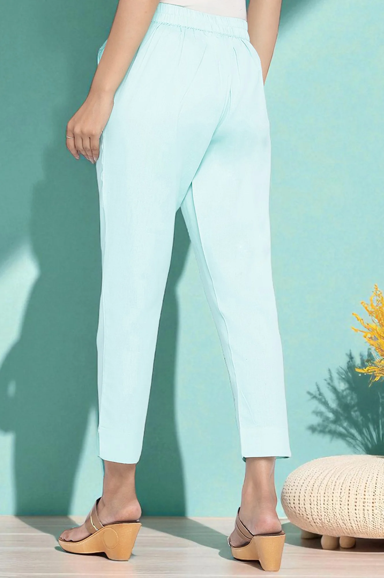 Blue Solid Cotton Flax Ankle Length Trousers - Image 4