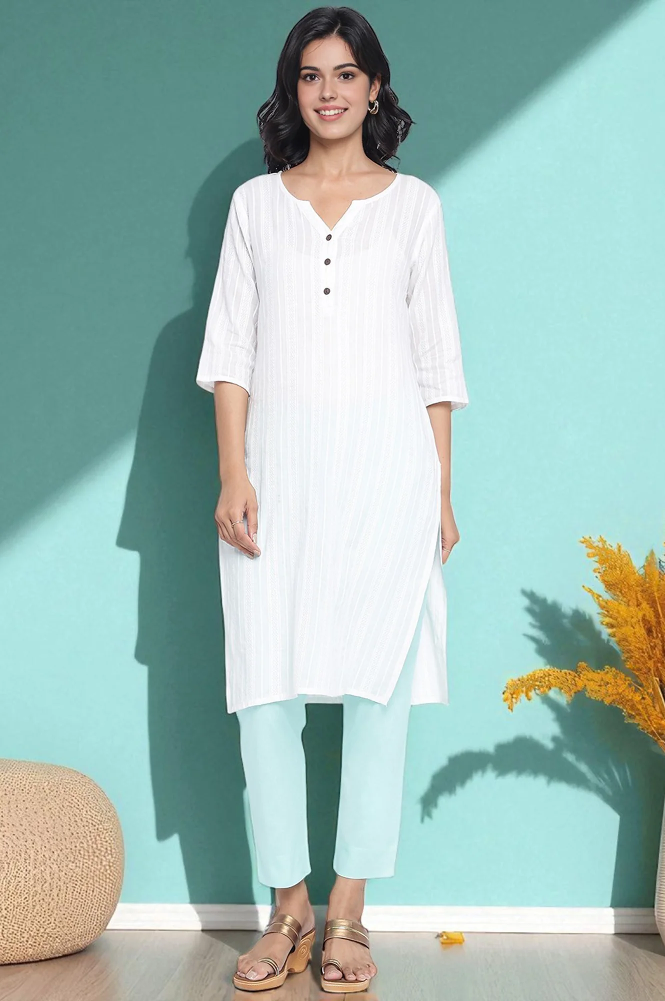 Blue Solid Cotton Flax Ankle Length Trousers - Image 6