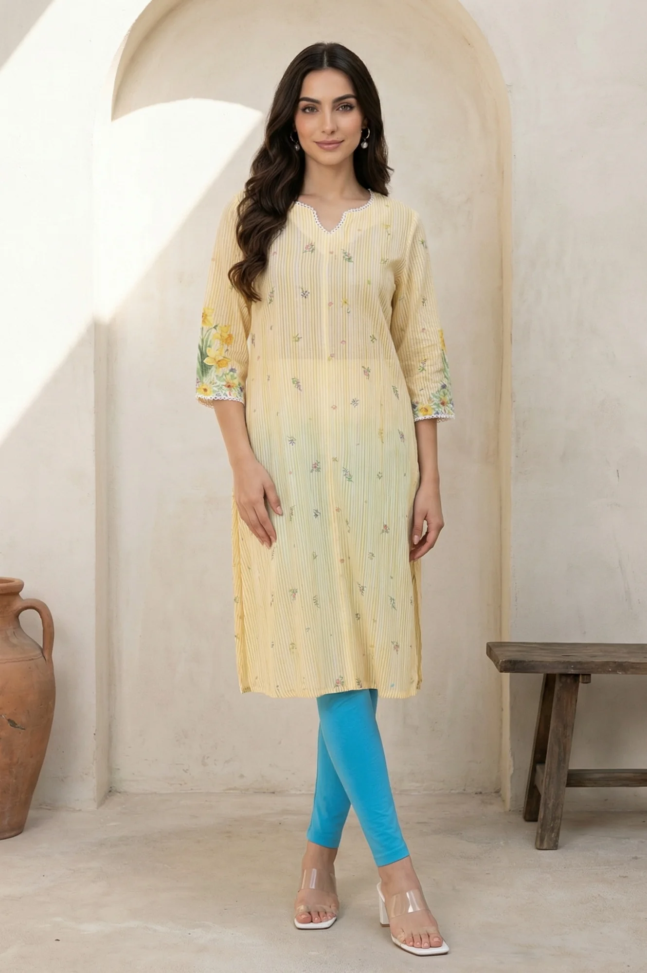 Blue Solid Cotton Lyrca Ankle Length Tights - Image 2