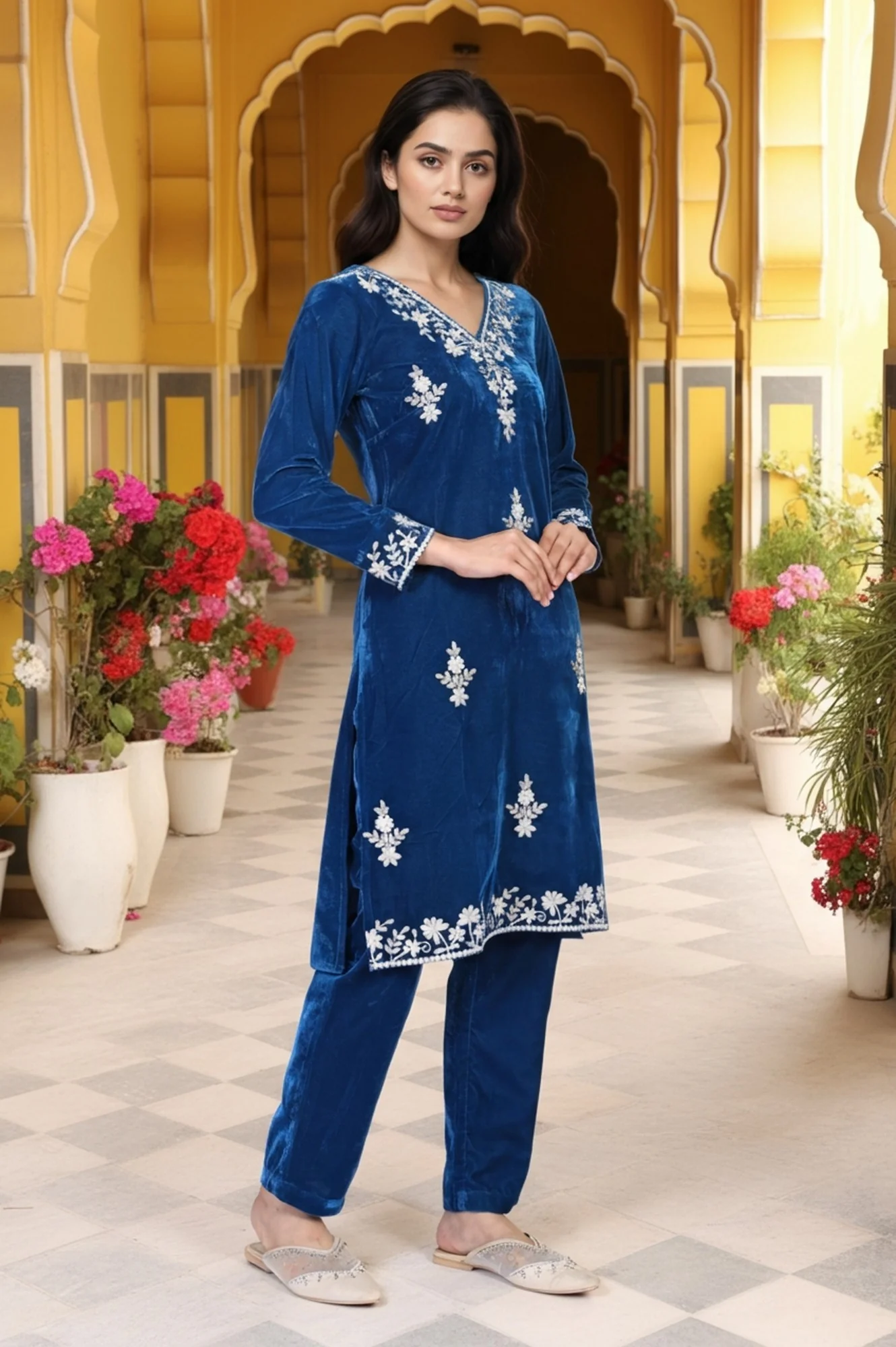 Blue Solid Embroidered Thread Work Straight Velvet Kurta with Trouser - Image 4