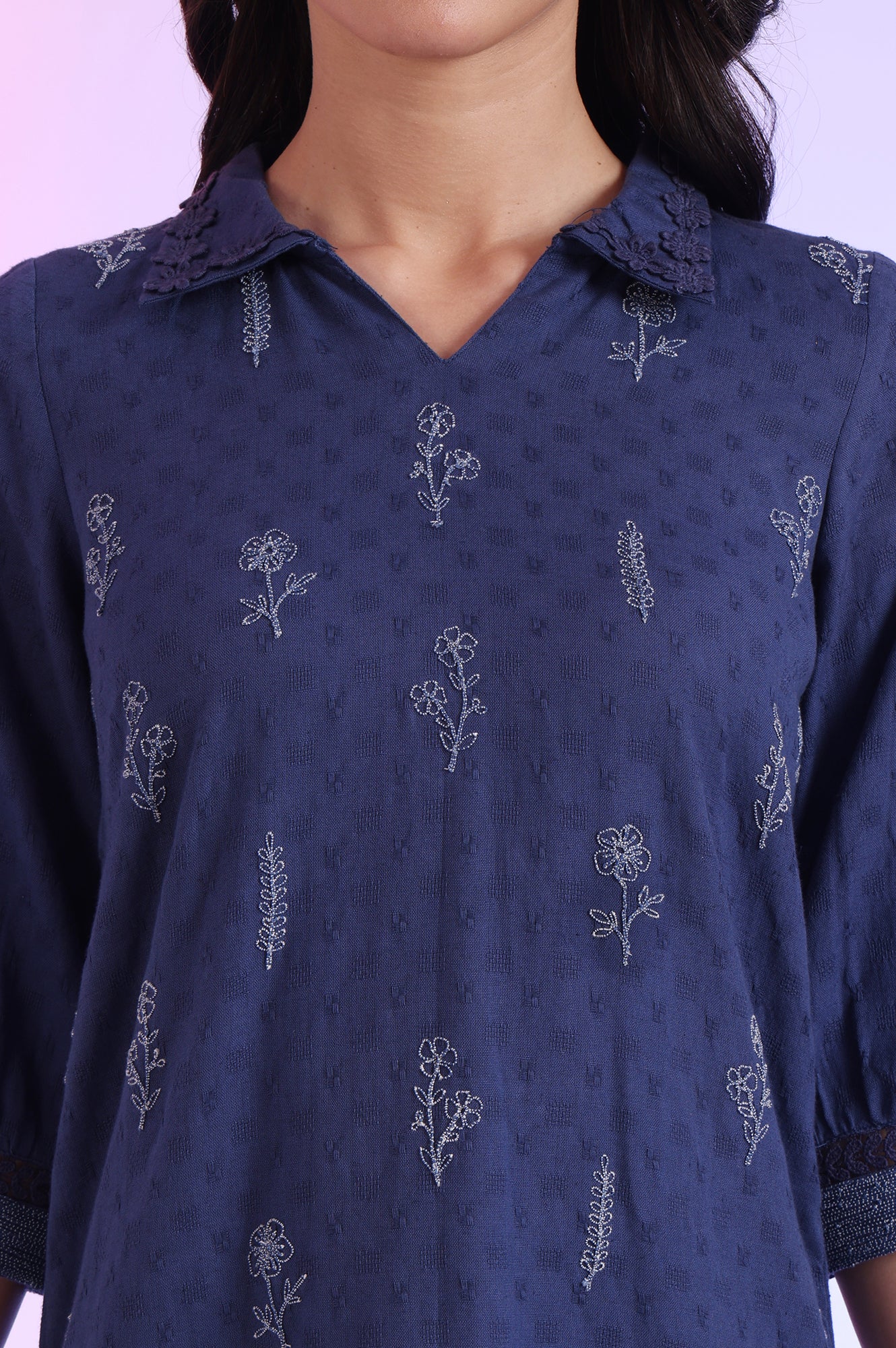 Blue Solid Straight Pure Cotton Kurti - Image 3
