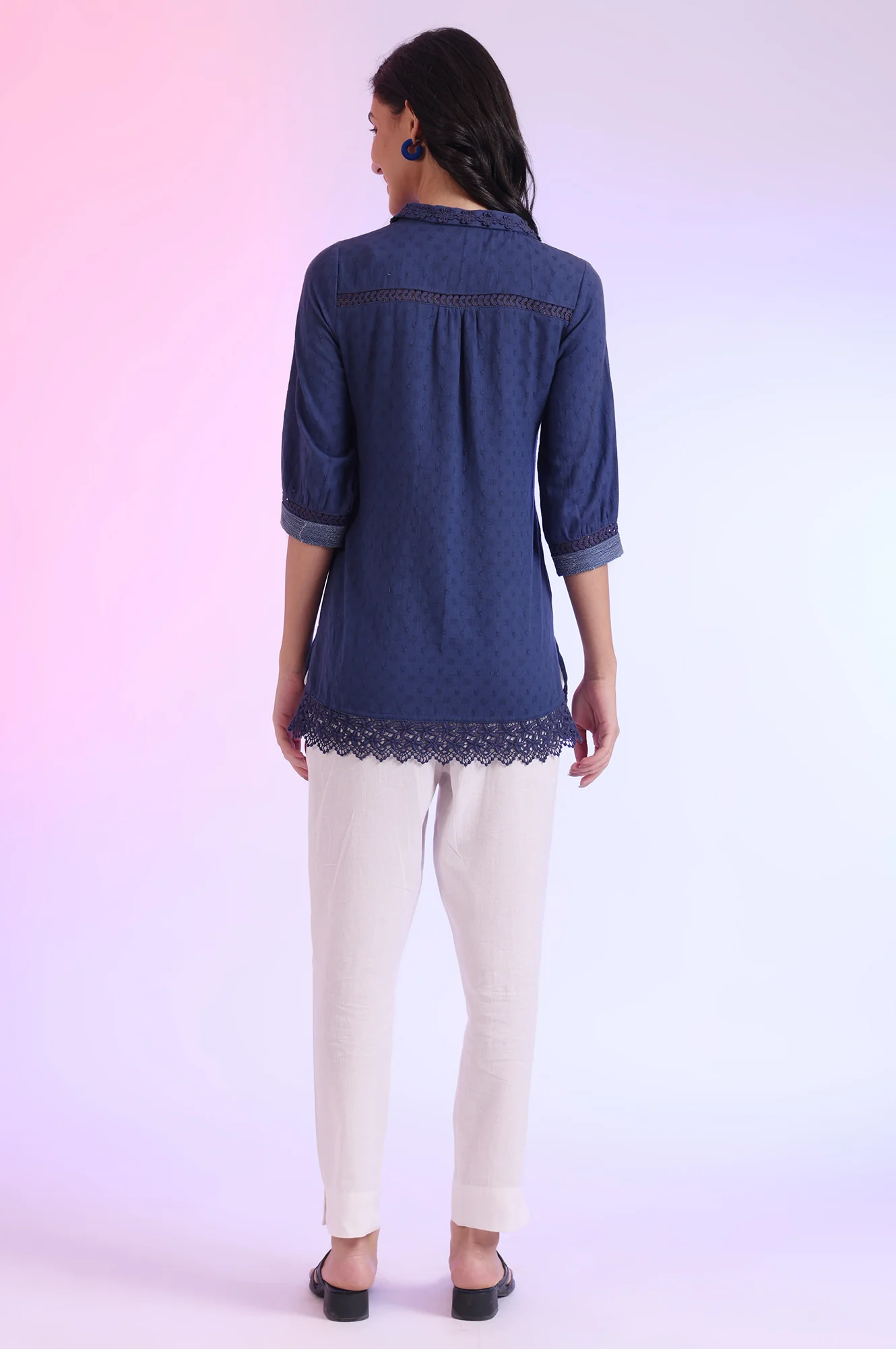 Blue Solid Straight Pure Cotton Kurti - Image 5