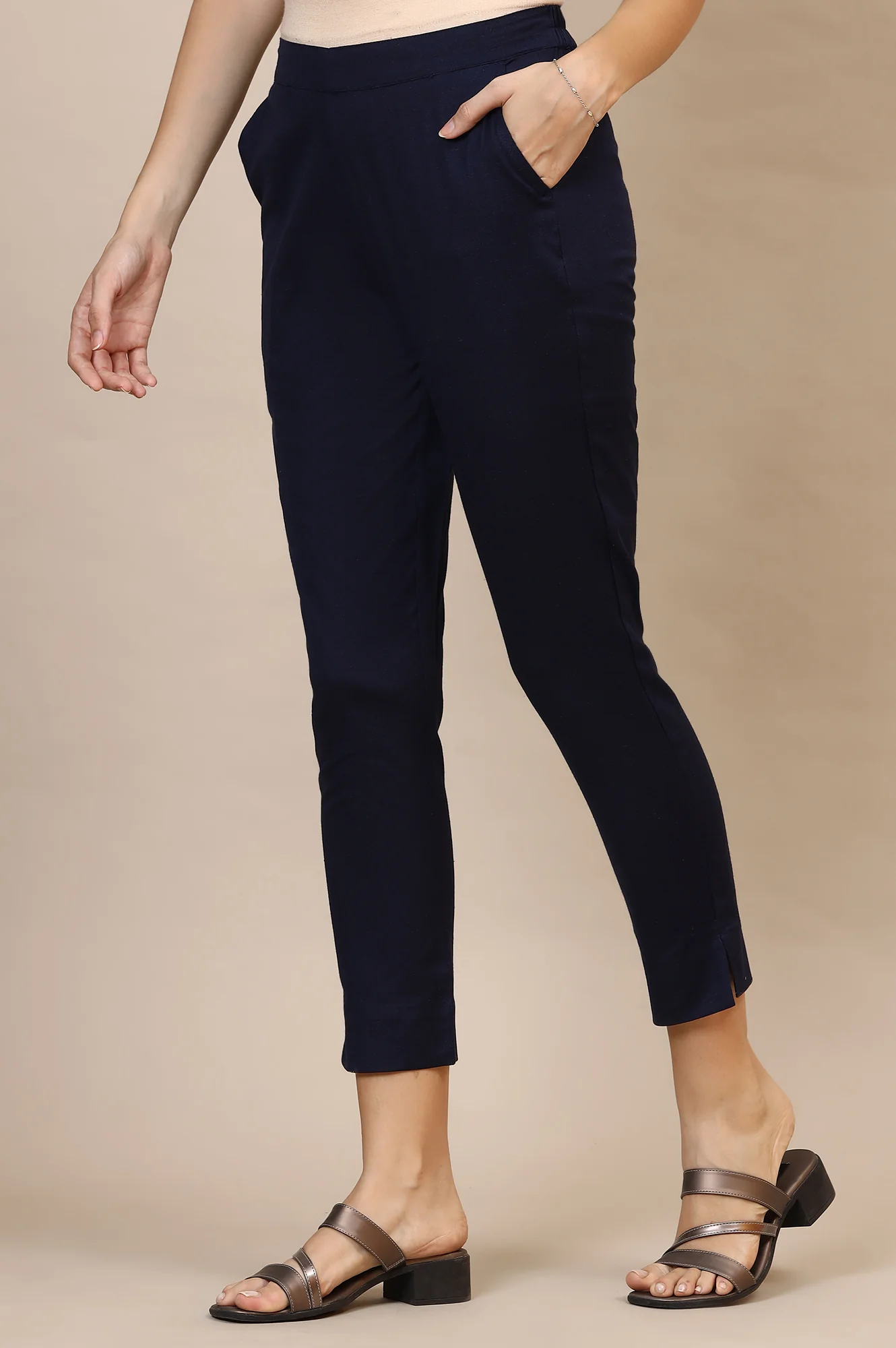 Blue Solid Slim Fit Cotton Trousers With Elasticated Waist - Image 3