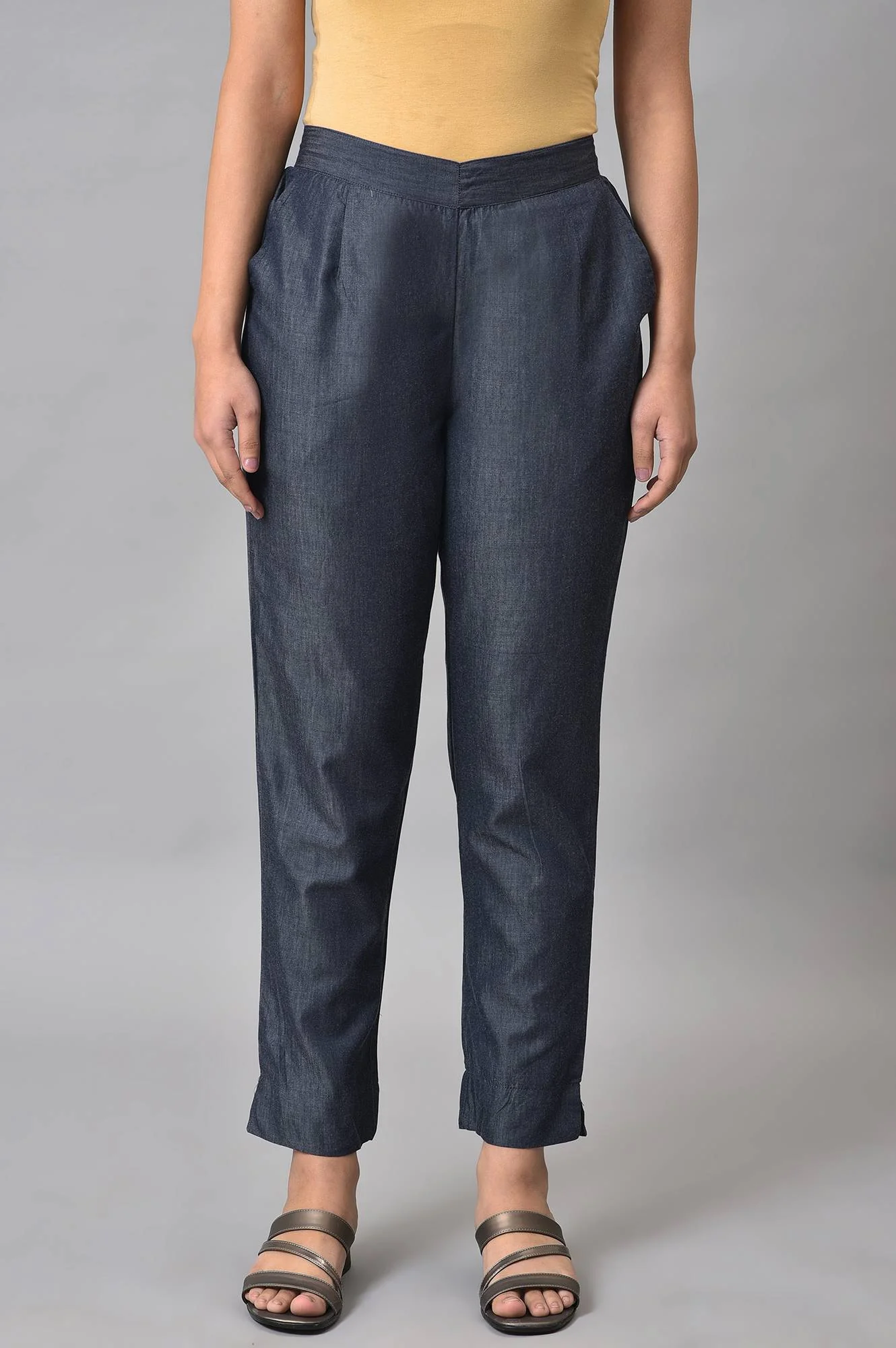 Blue Solid Straight Fit Cotton Culottes