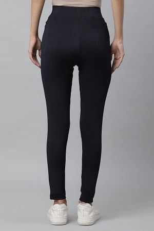 Navy Blue Solid Skinny Fit Tights With Elasticated Waist - Image 3