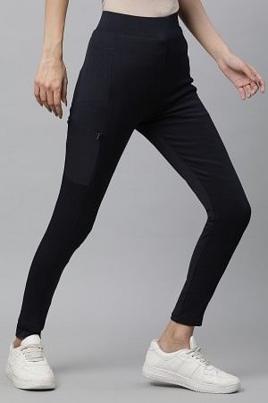 Navy Blue Solid Skinny Fit Tights With Elasticated Waist - Image 4
