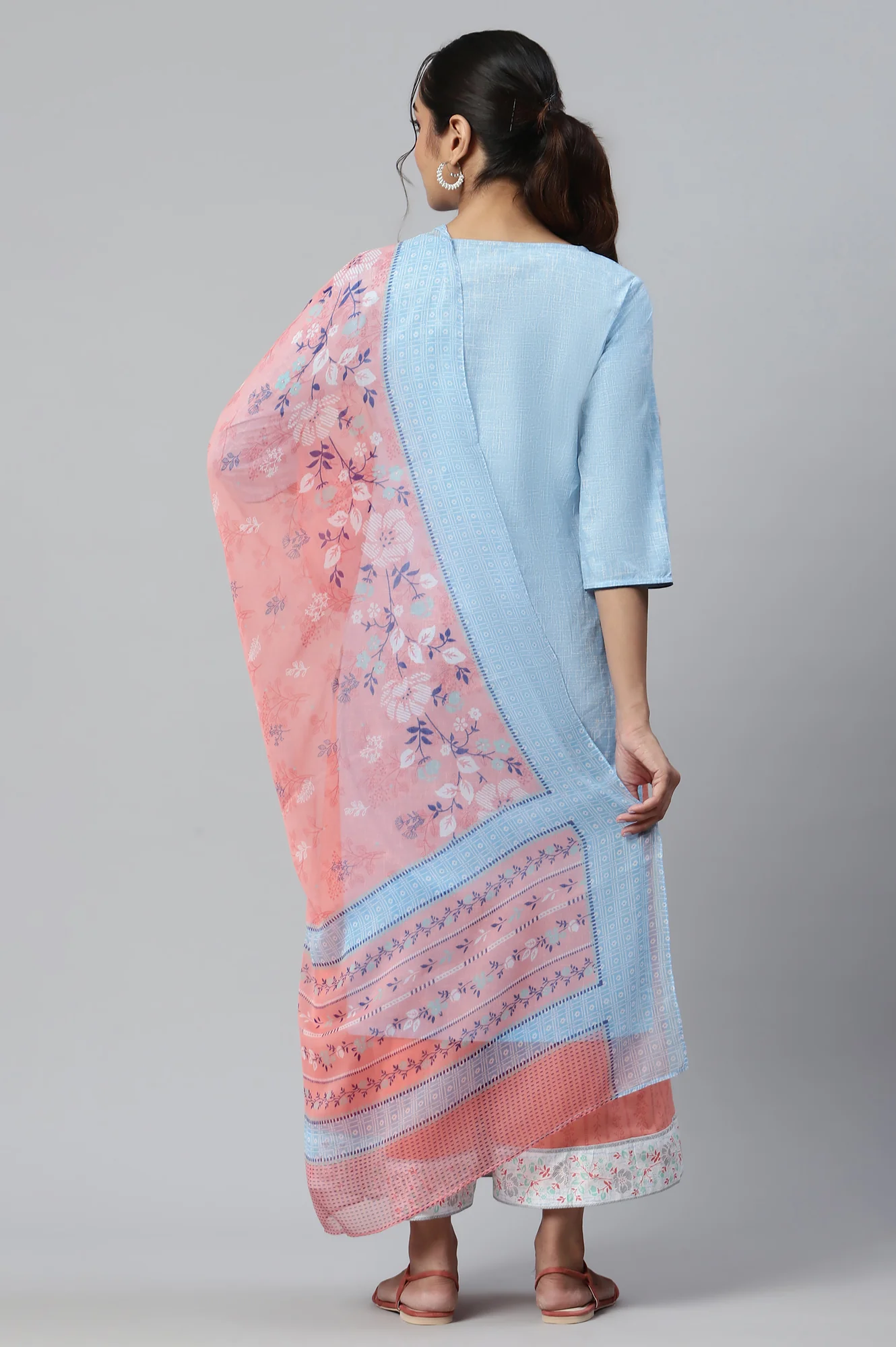 Blue Straight Kurta, Peach Culottes And Dupatta Set - Image 2