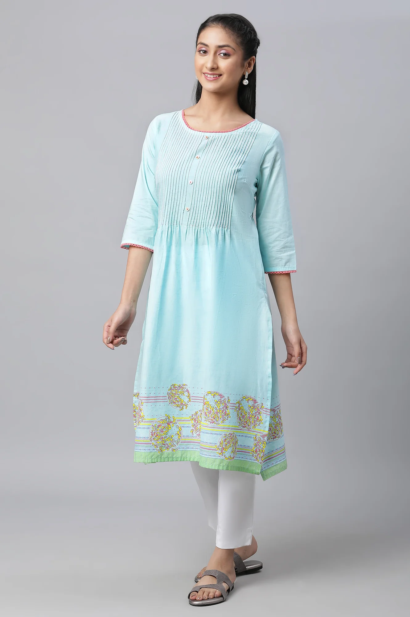 Blue Straight Kurta with Pleated Yoke - Image 5