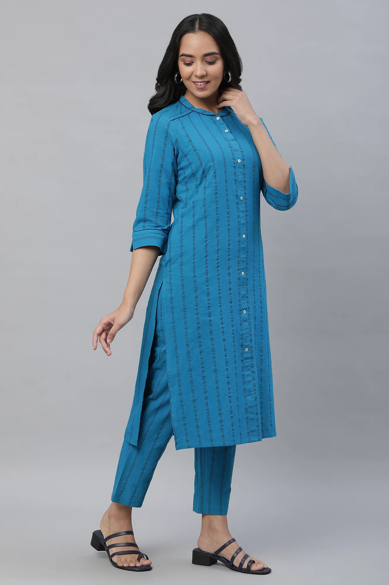 Blue Stripe Kurta & Trouser Co-ord Set - Image 5