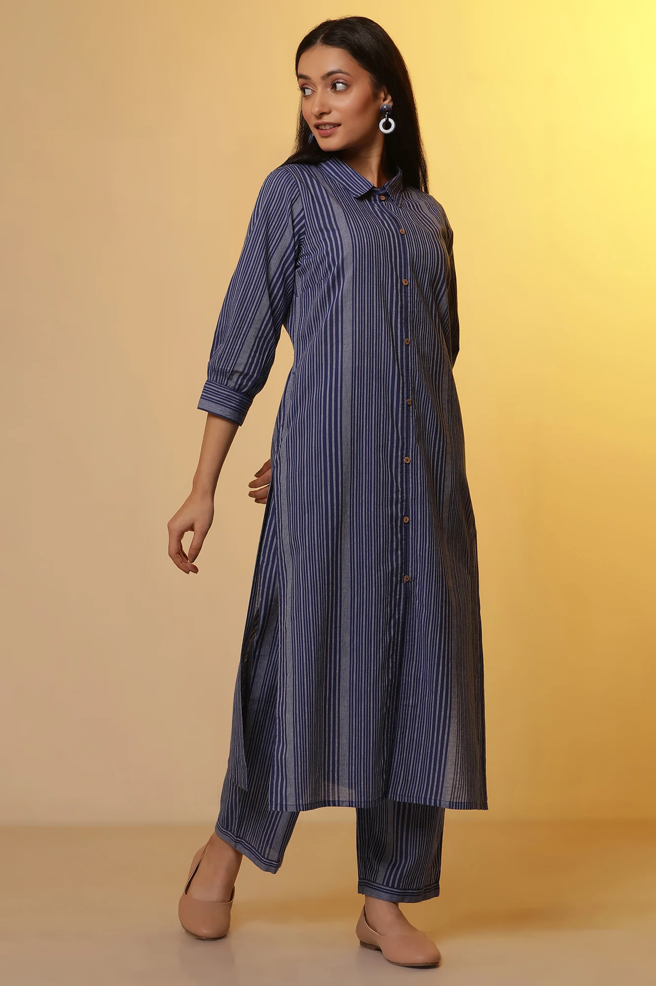 Blue Striped Cotton Shirt Collar Kurta and Palazzo Co-ord Set - Image 5