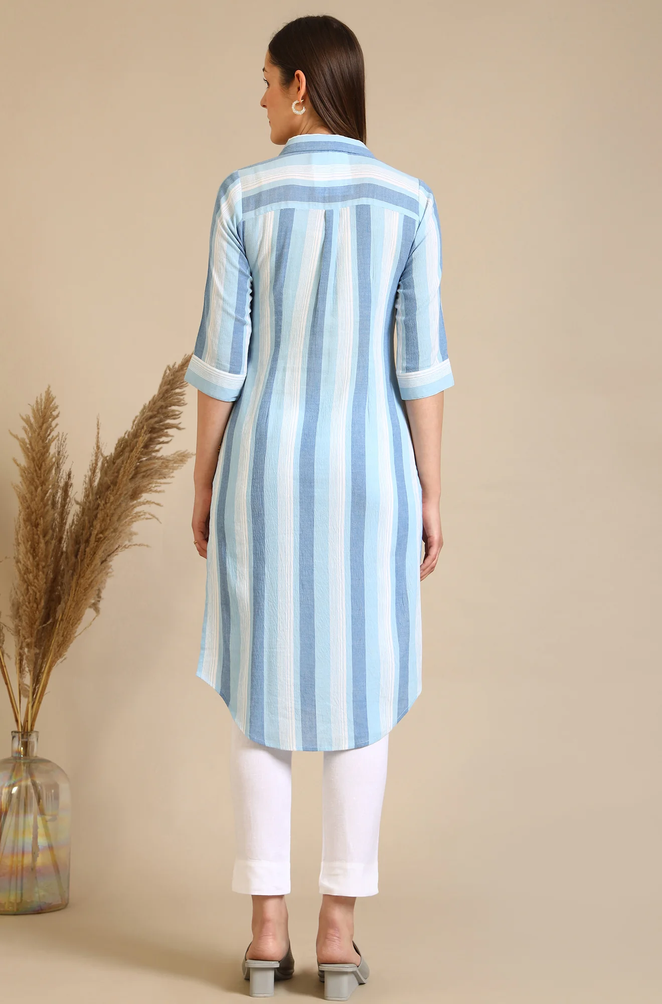 Blue Striped Crepe Kurta with Circular Hemline - Image 6