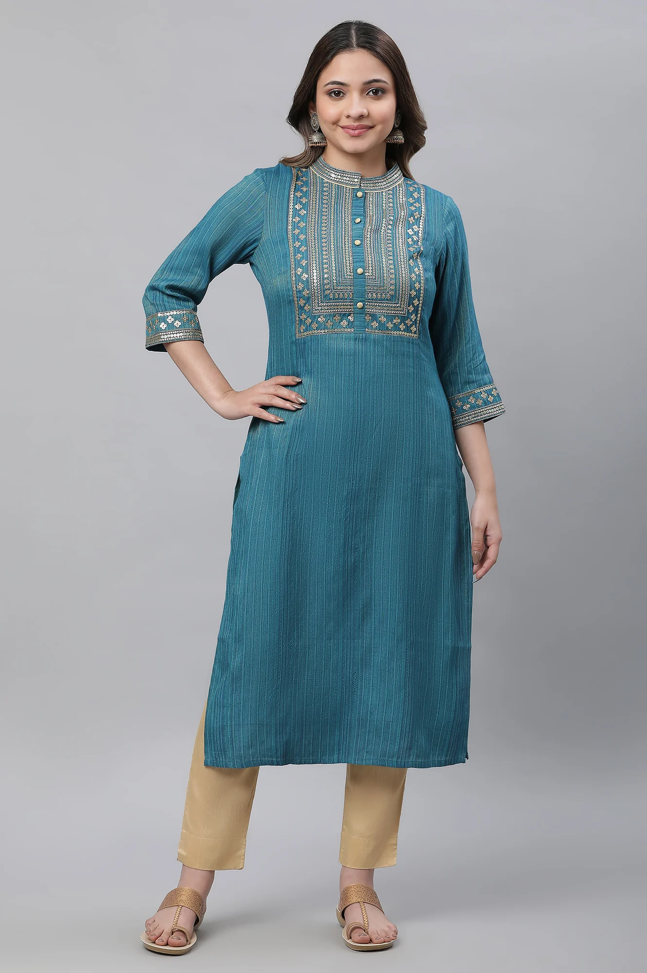 Blue Striped Embroidered Sequin Straight Lurex Kurta - Image 2