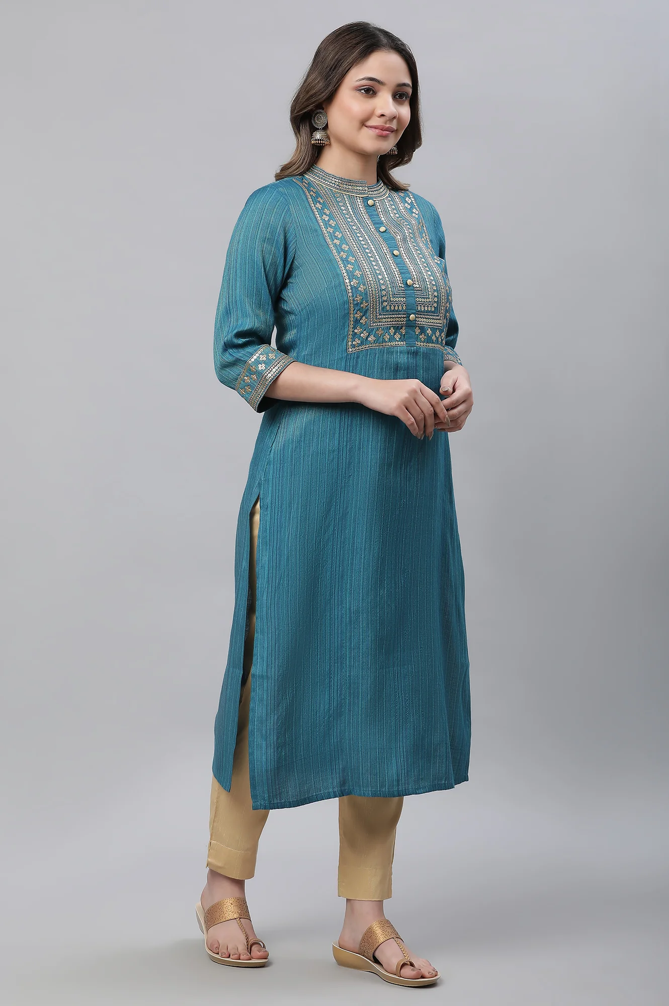 Blue Striped Embroidered Sequin Straight Lurex Kurta - Image 5