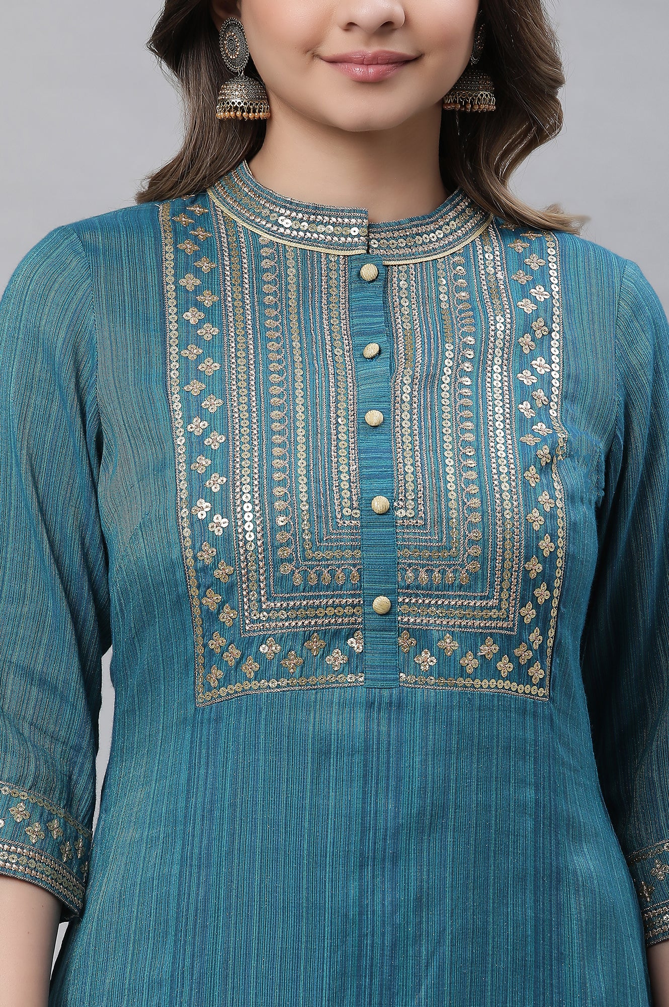 Blue Striped Embroidered Sequin Straight Lurex Kurta - Image 6