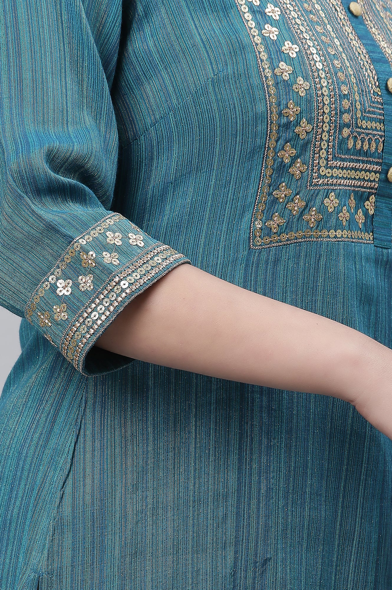 Blue Striped Embroidered Sequin Straight Lurex Kurta - Image 7