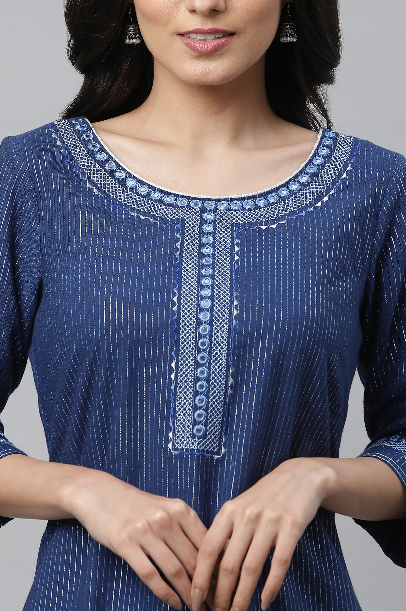 Blue Striped Embroidered Straight Cotton Kurta - Image 6