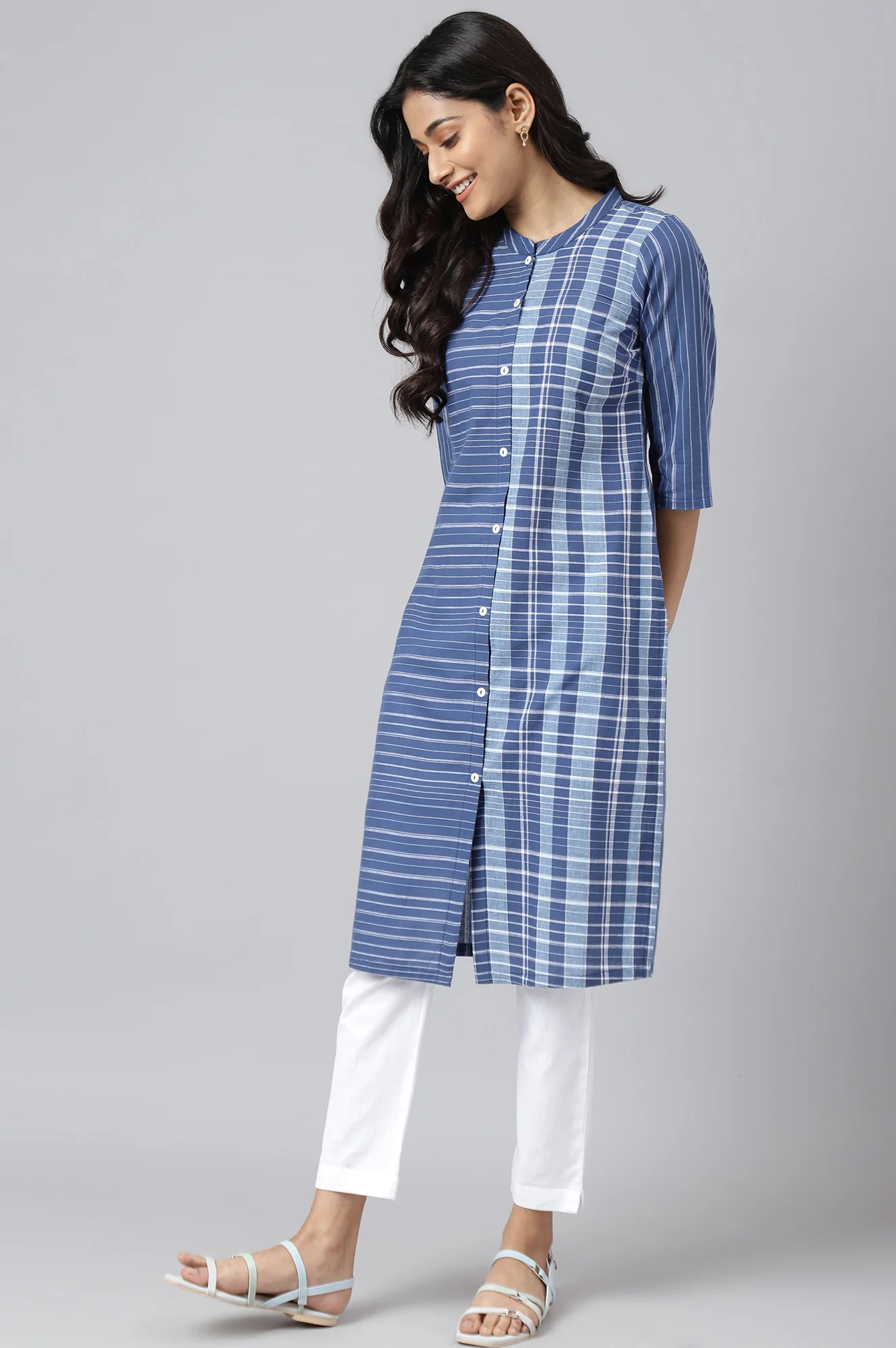 Blue Striped Straight Cotton Kurta - Image 3