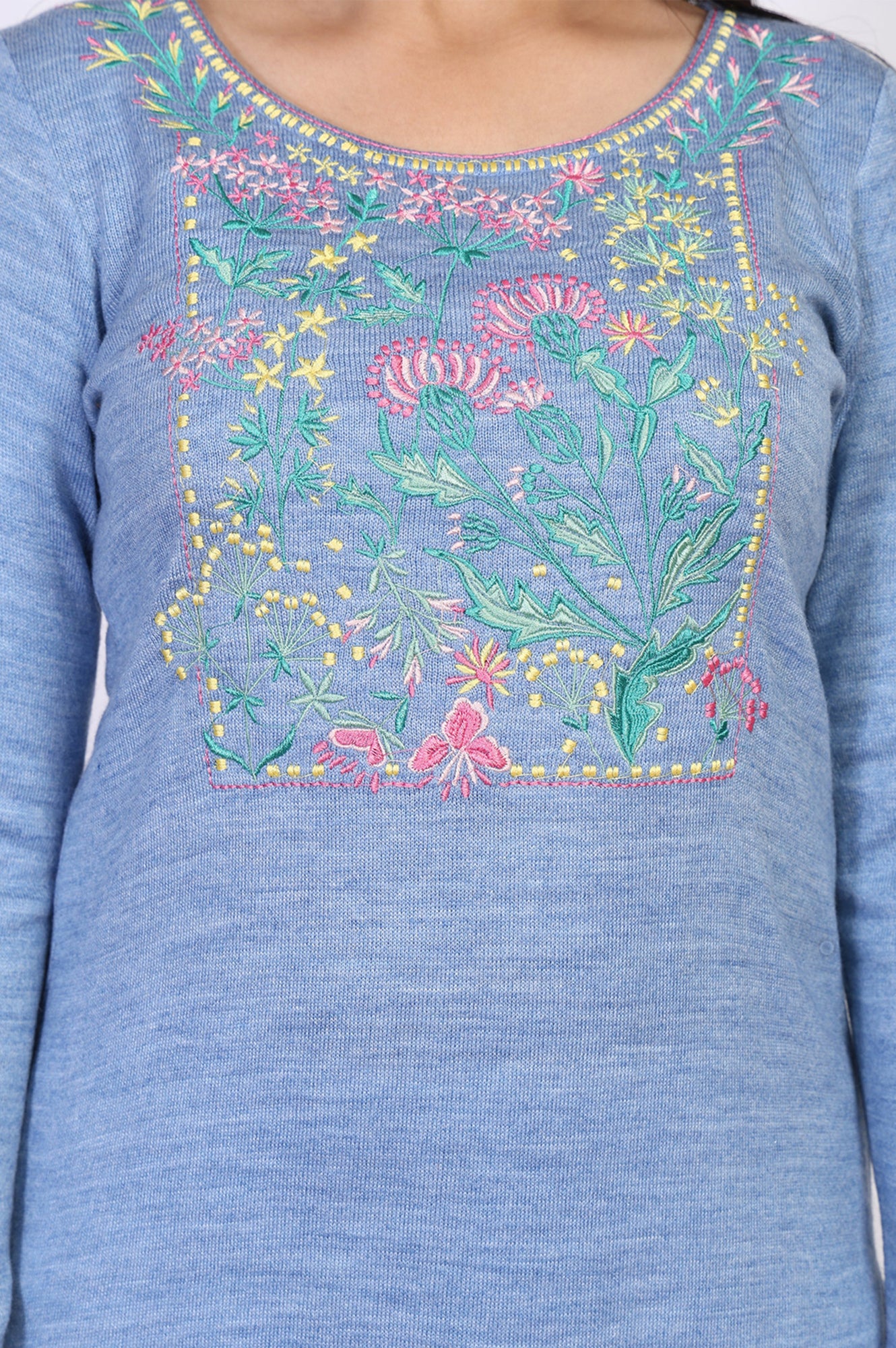 Blue Thread Embroidered Acrylic Straight Kurta for Winter - Image 2