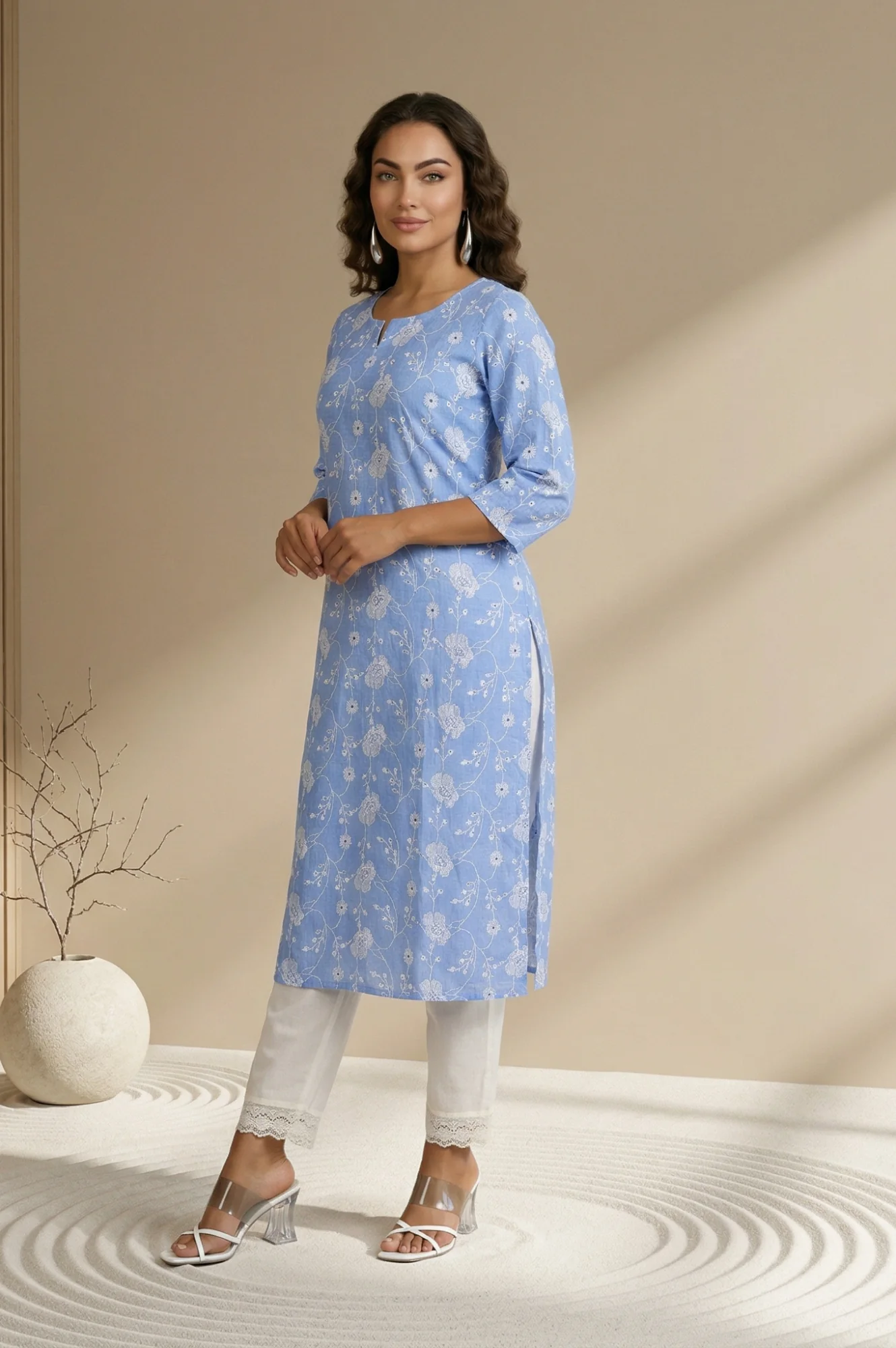 Blue Thread Embroidered Schiffly Pure Cotton Straight Kurta - Image 3