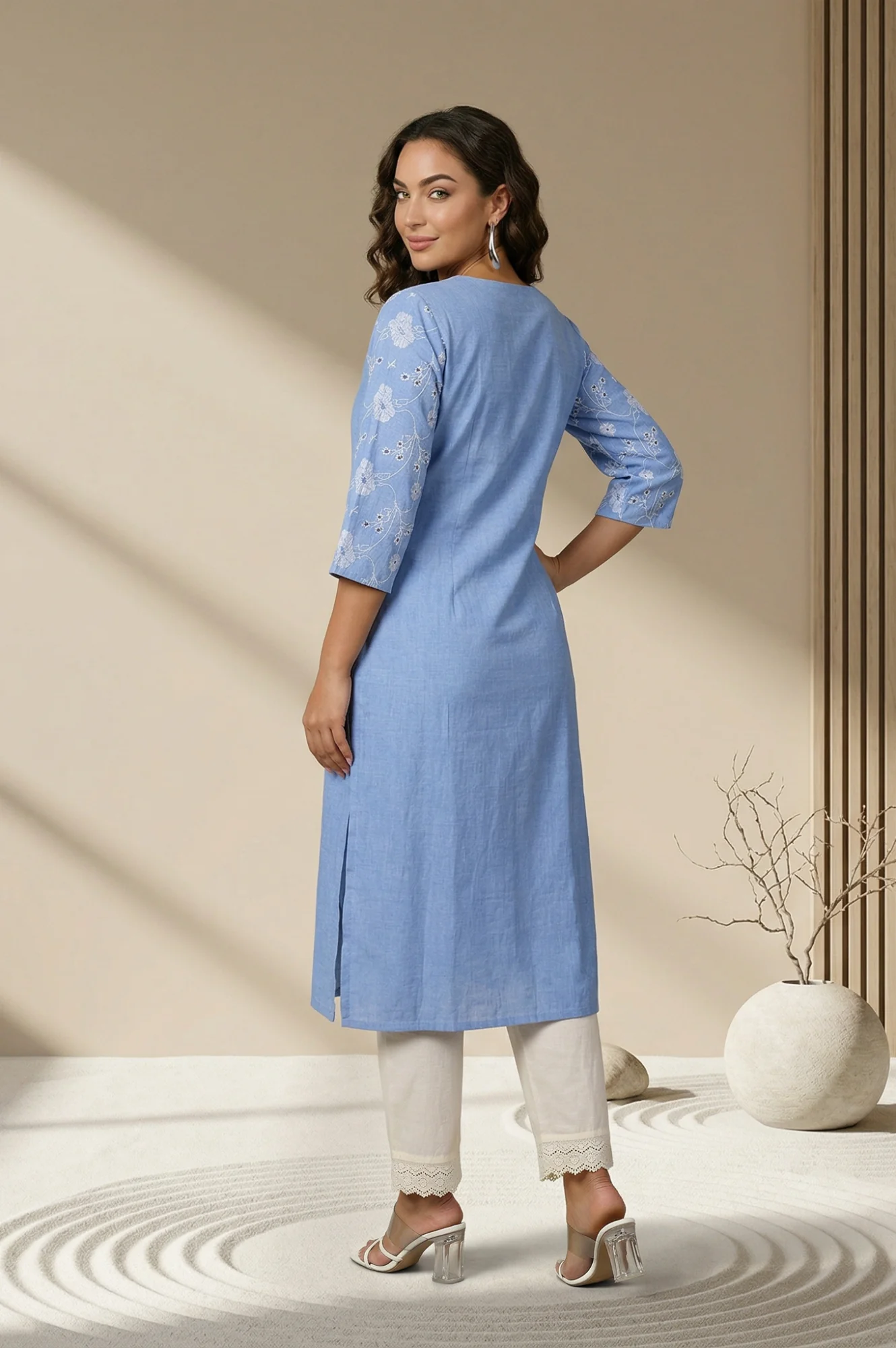 Blue Thread Embroidered Schiffly Pure Cotton Straight Kurta - Image 4