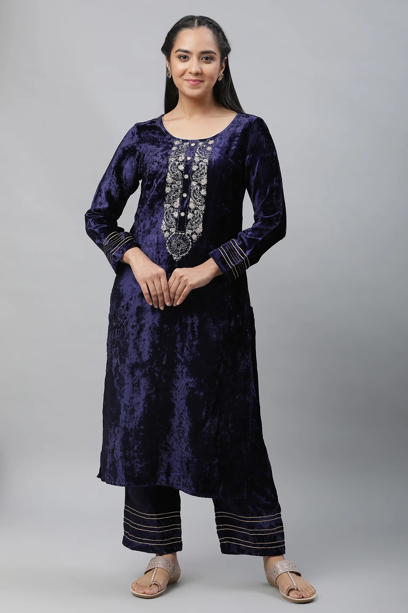 Blue Velvet Embellished Kurta & Palazzo Set - Image 2