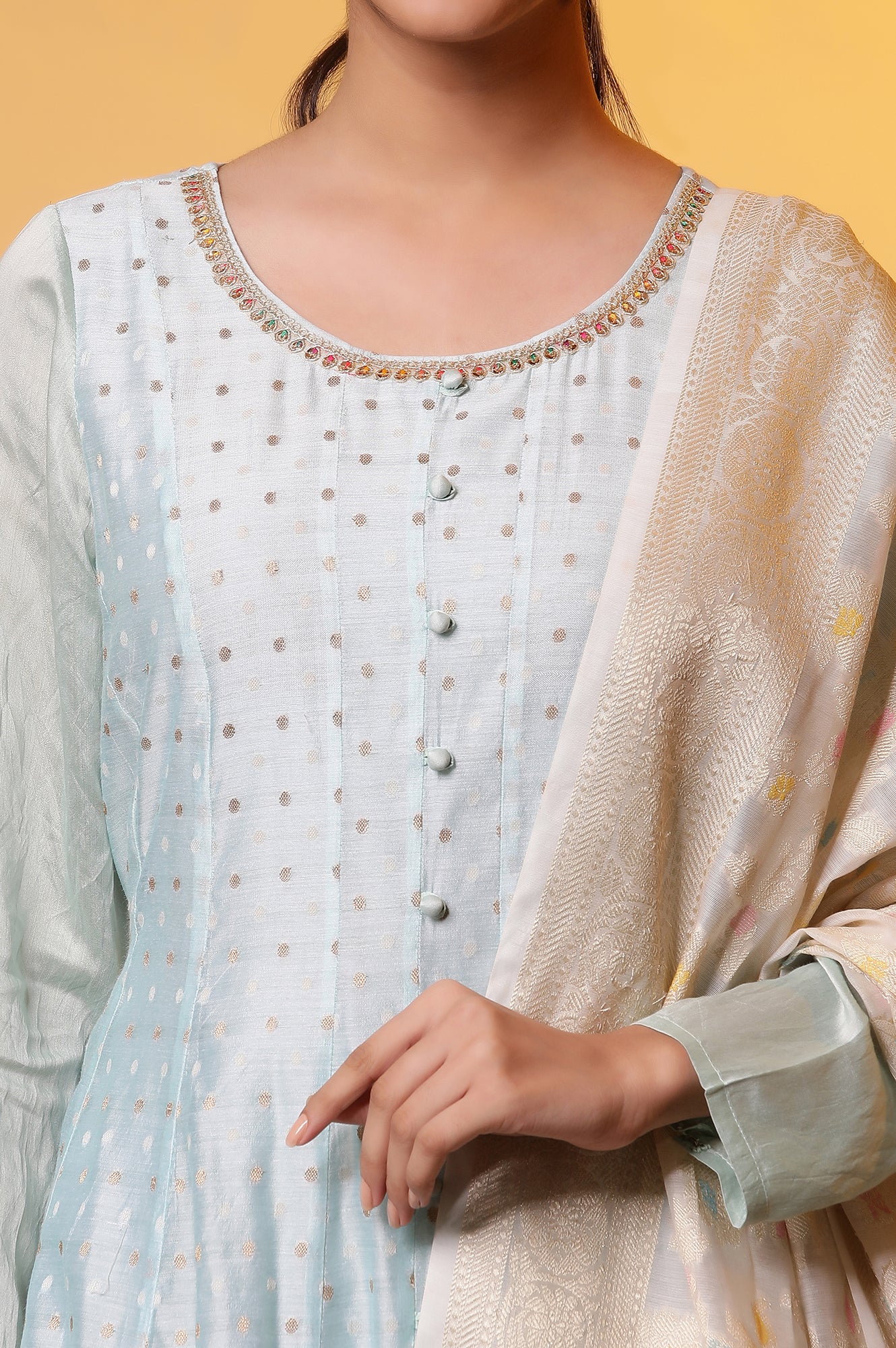 Blue Yarn-Dyed Anarkali Kurta, Tights and Dupatta Set - Image 6