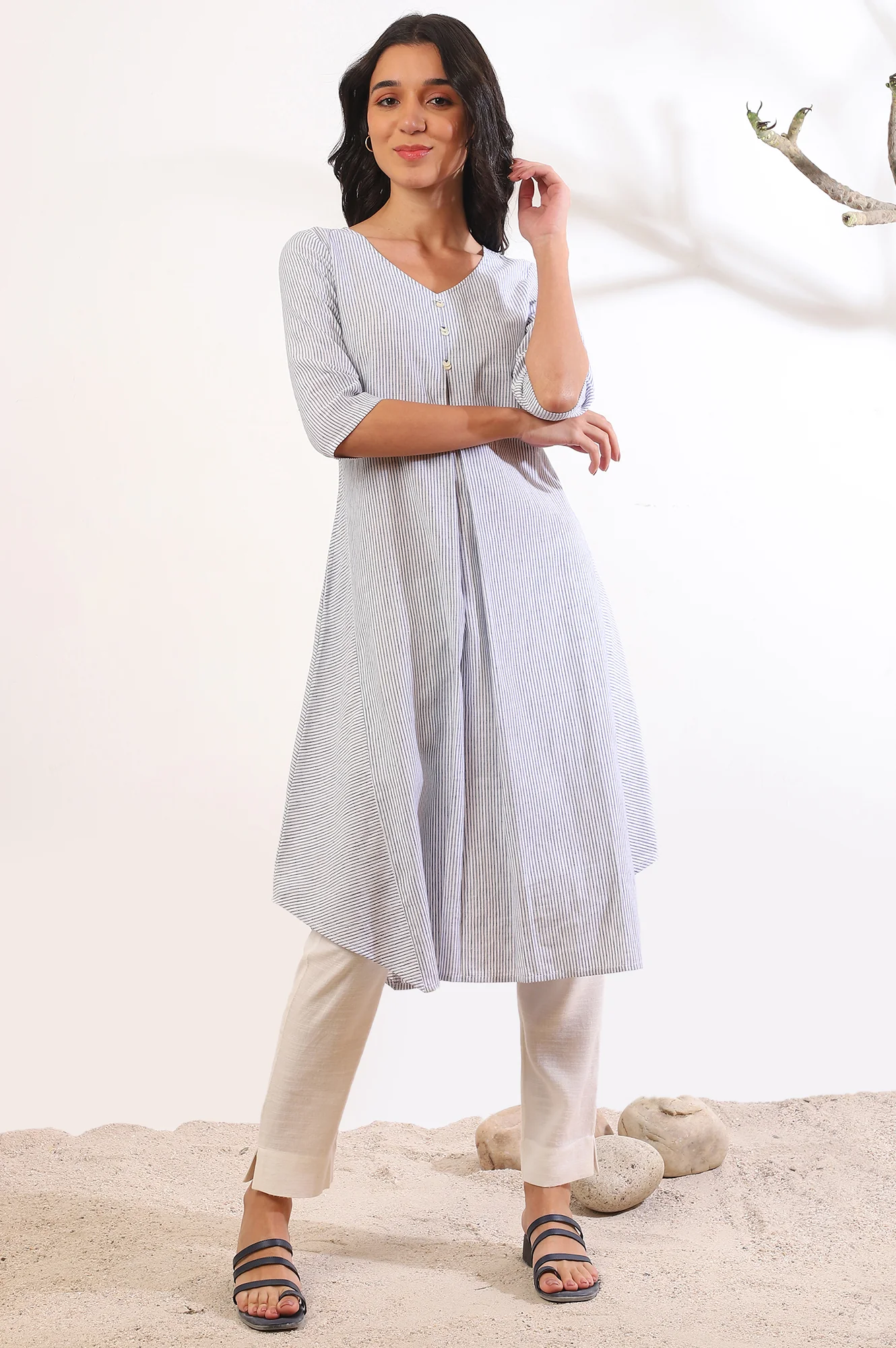 Blue Yarn Dyed A-Line Cotton Blend Kurta - Image 2